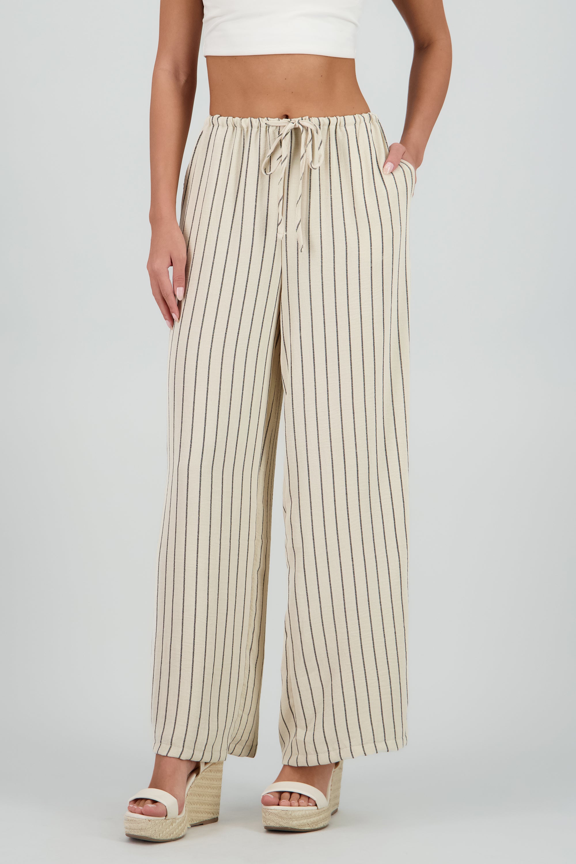 Pantalon fluido con jareta rayas HUESO COMBO