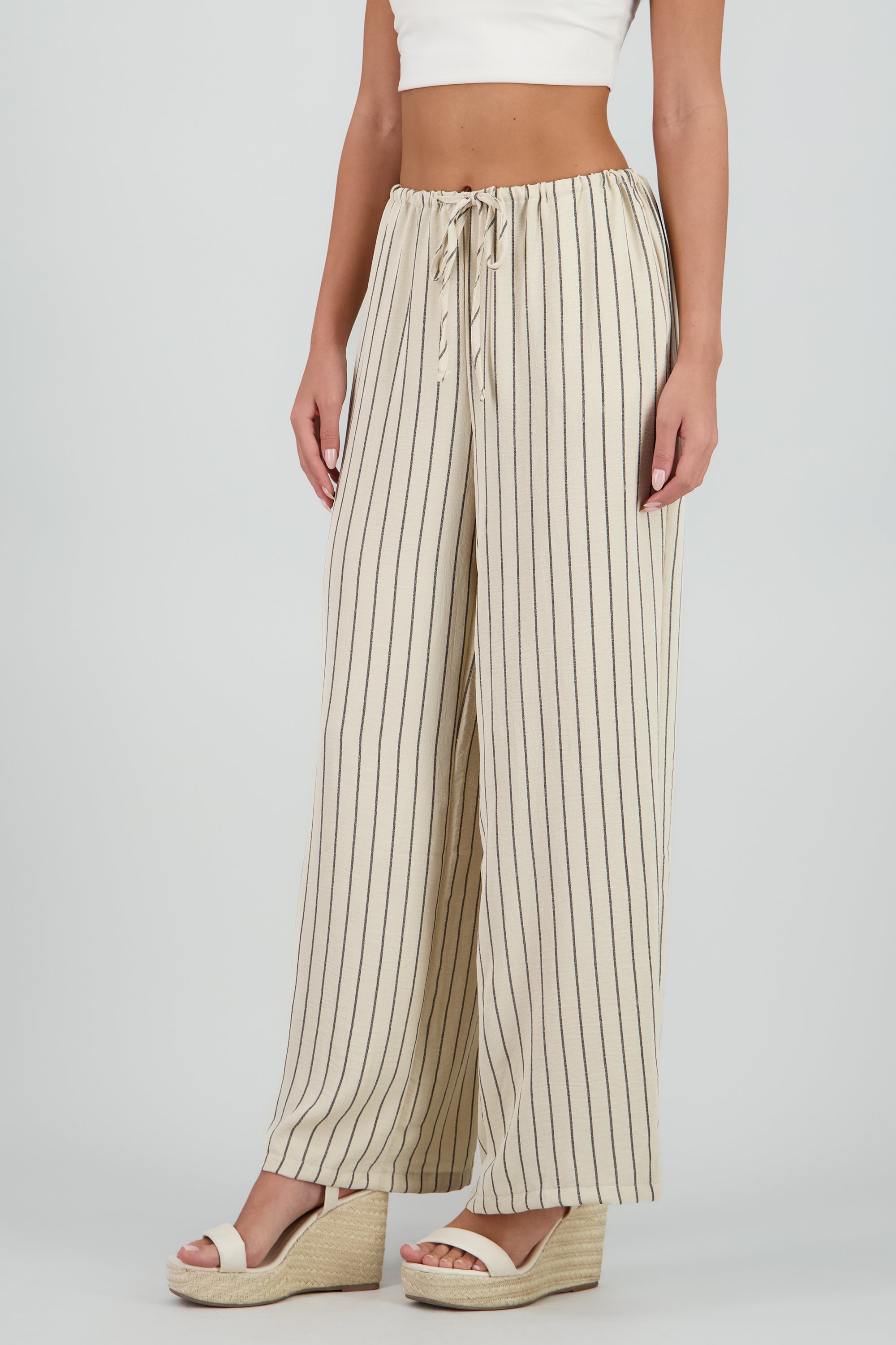 Pantalon fluido con jareta rayas HUESO COMBO