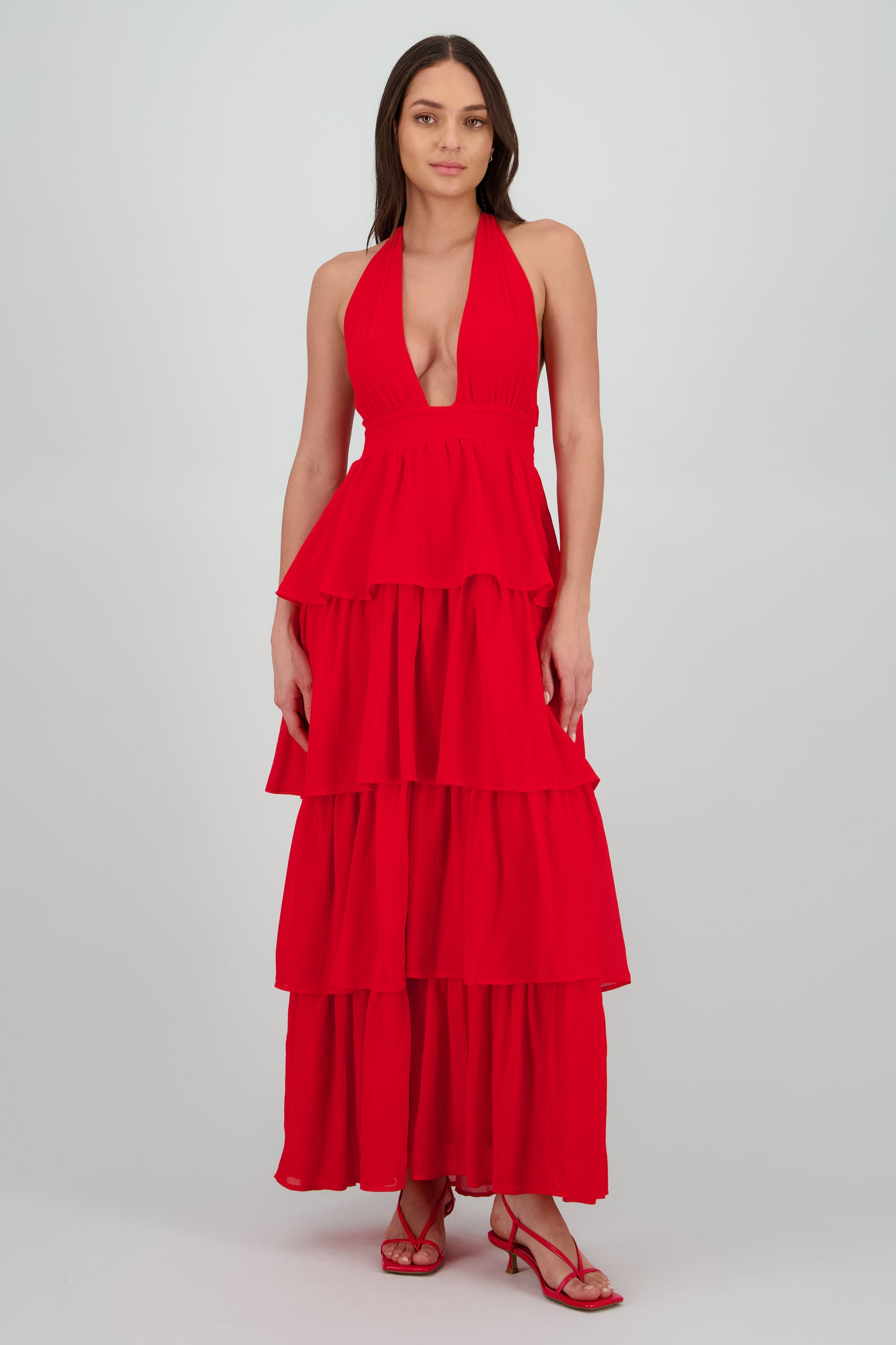 Vestido maxi nudo espalda con olanes ROJO