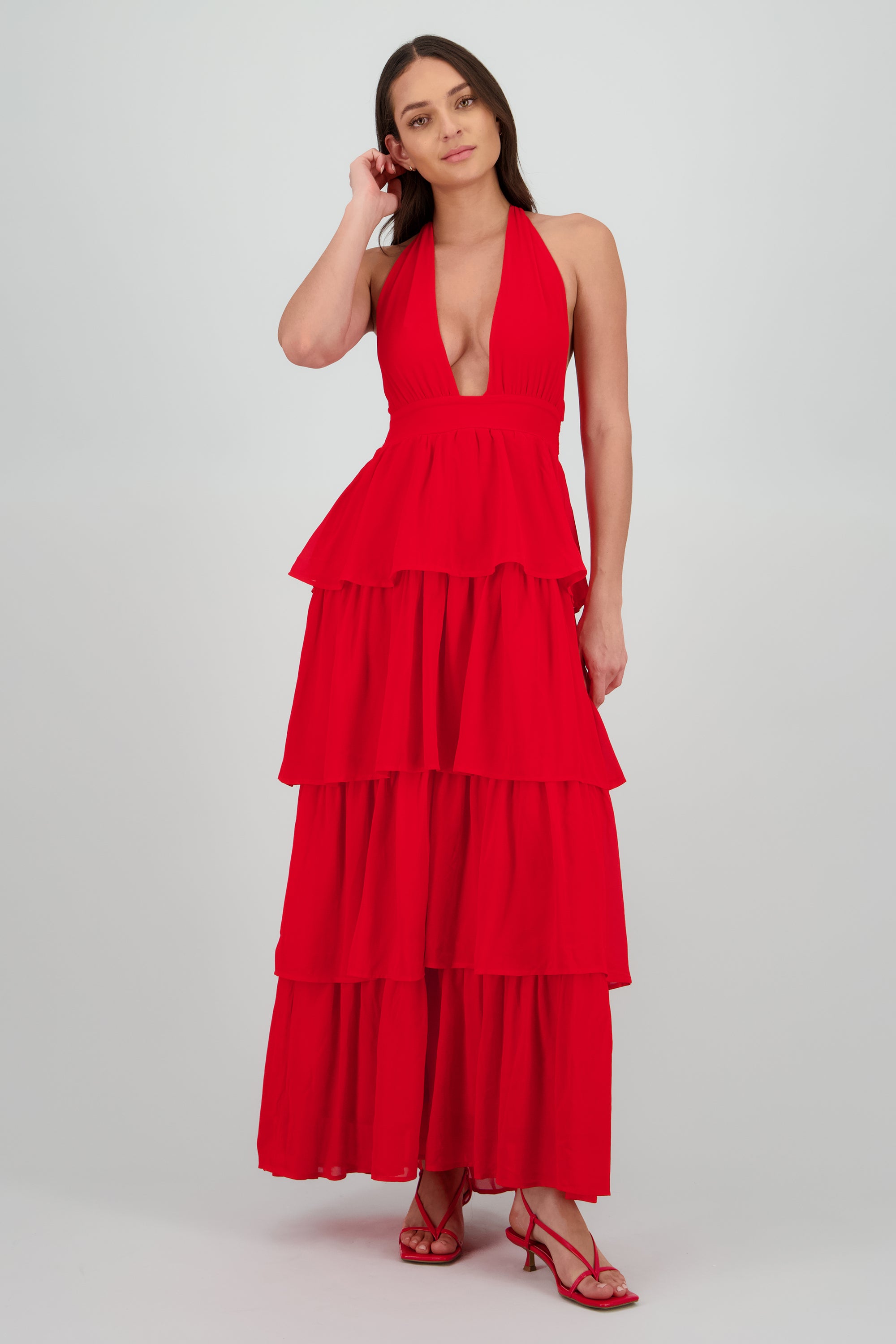 Vestido maxi nudo espalda con olanes ROJO