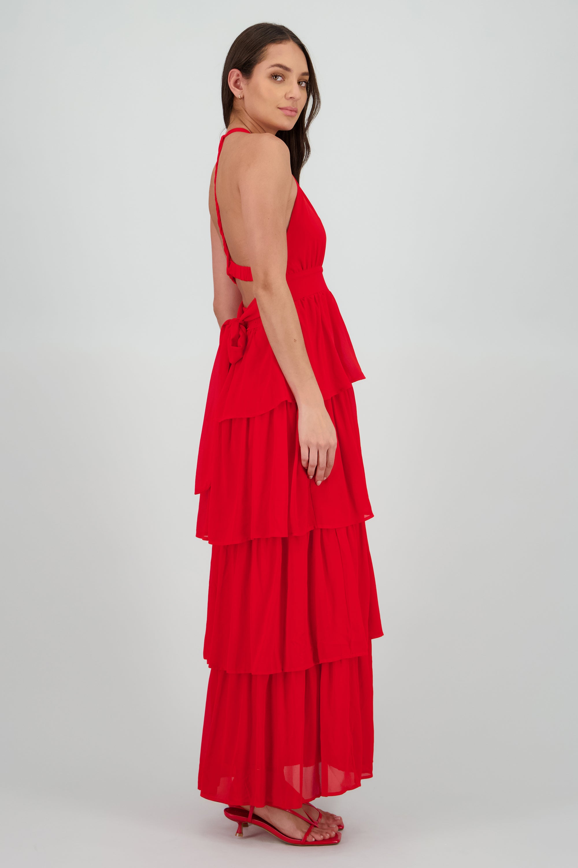 Vestido maxi nudo espalda con olanes ROJO