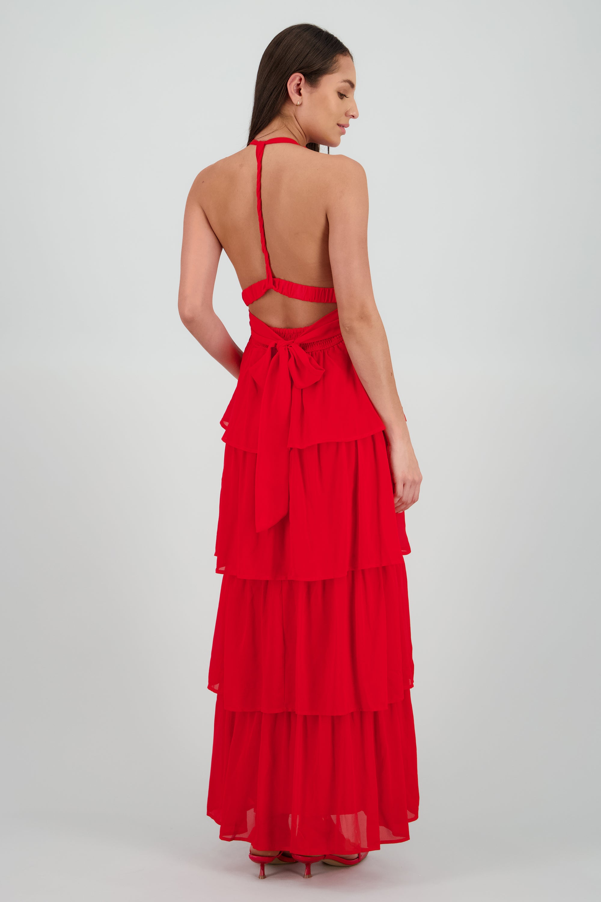 Vestido maxi nudo espalda con olanes ROJO