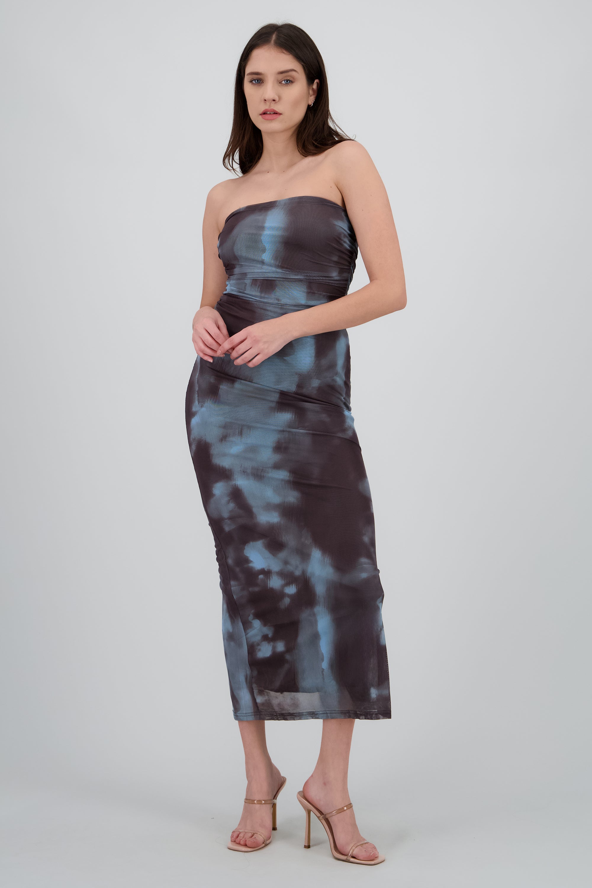 Vestido degradado de mesh strapless AZUL COMBO