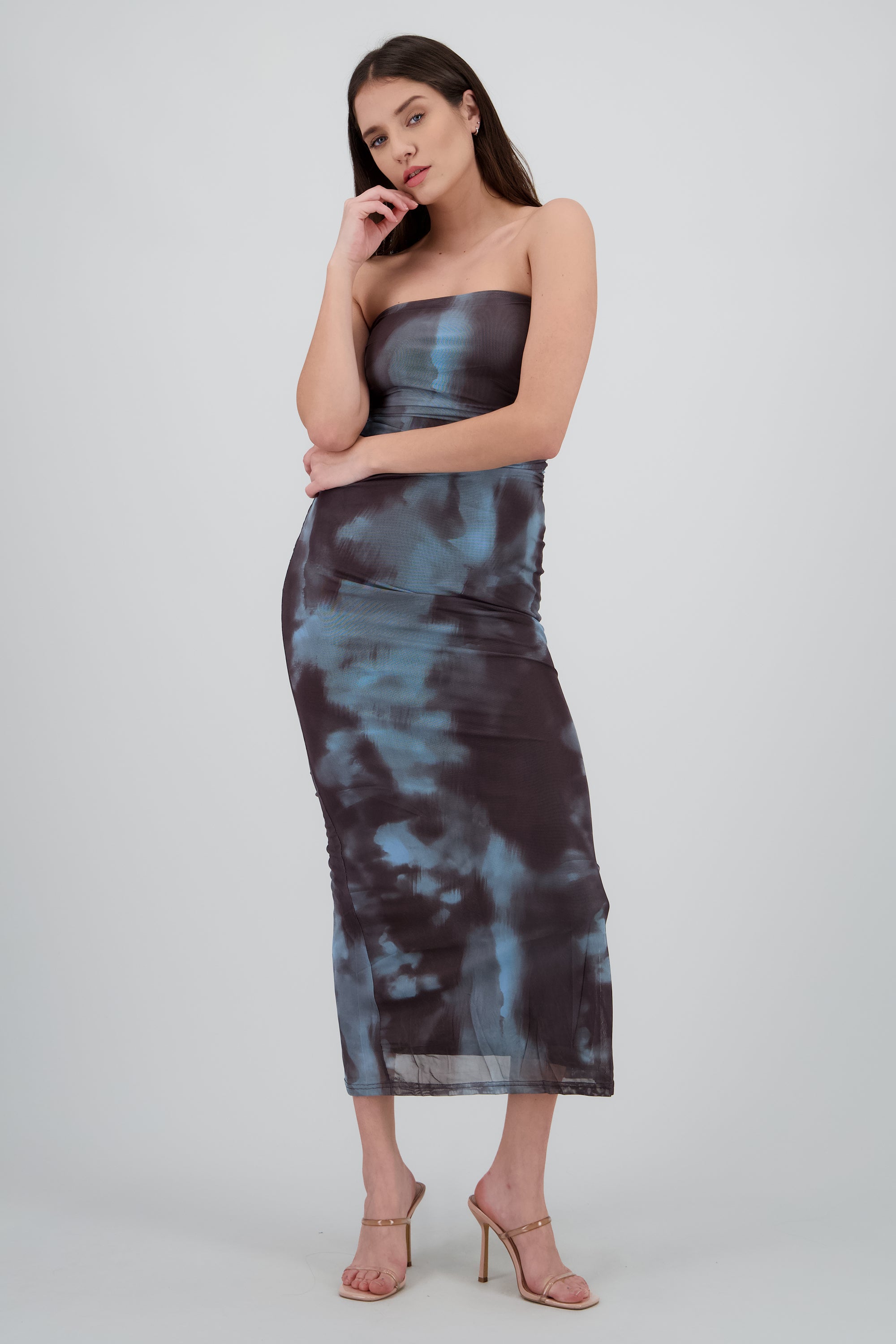 Vestido degradado de mesh strapless AZUL COMBO
