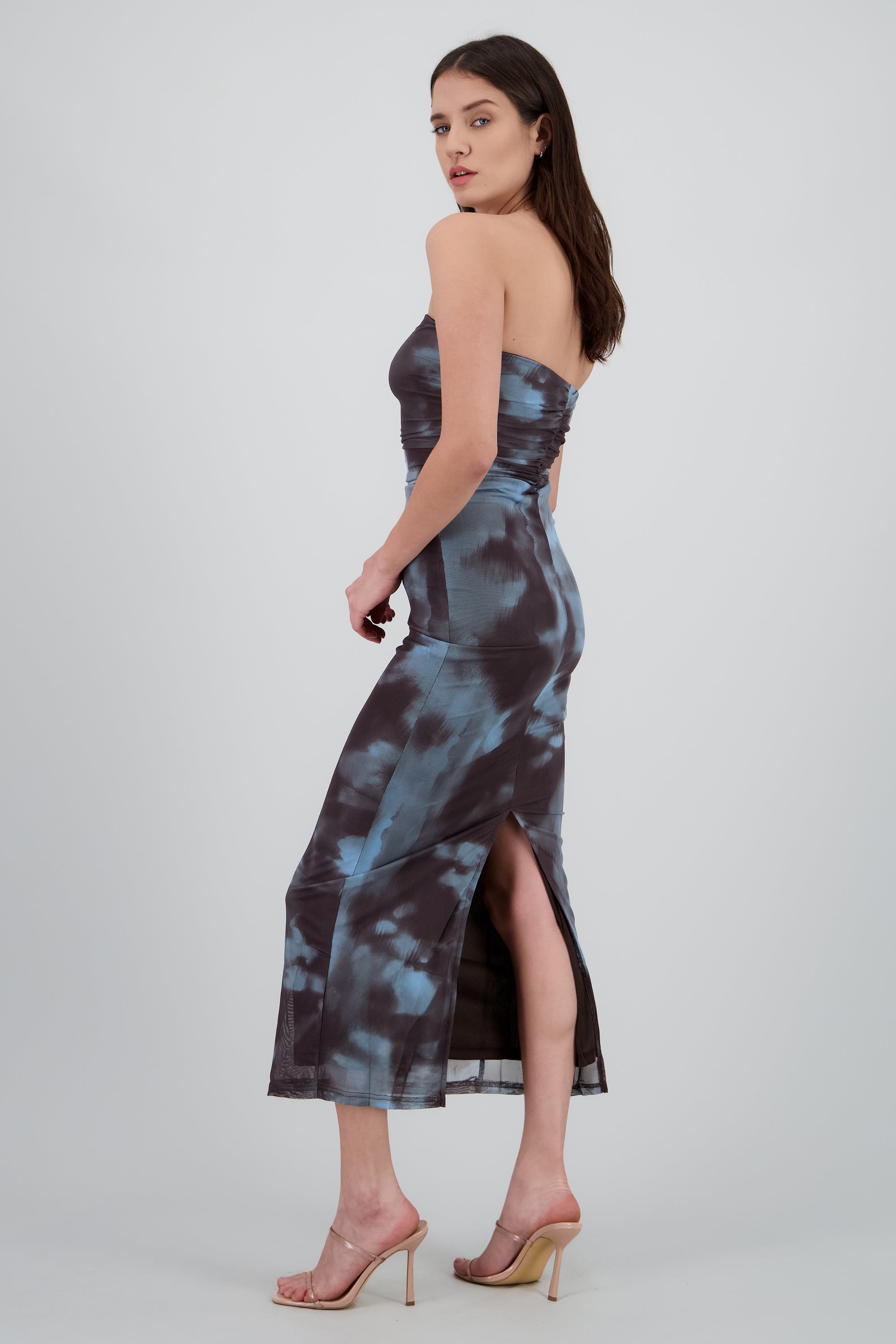 Vestido degradado de mesh strapless AZUL COMBO