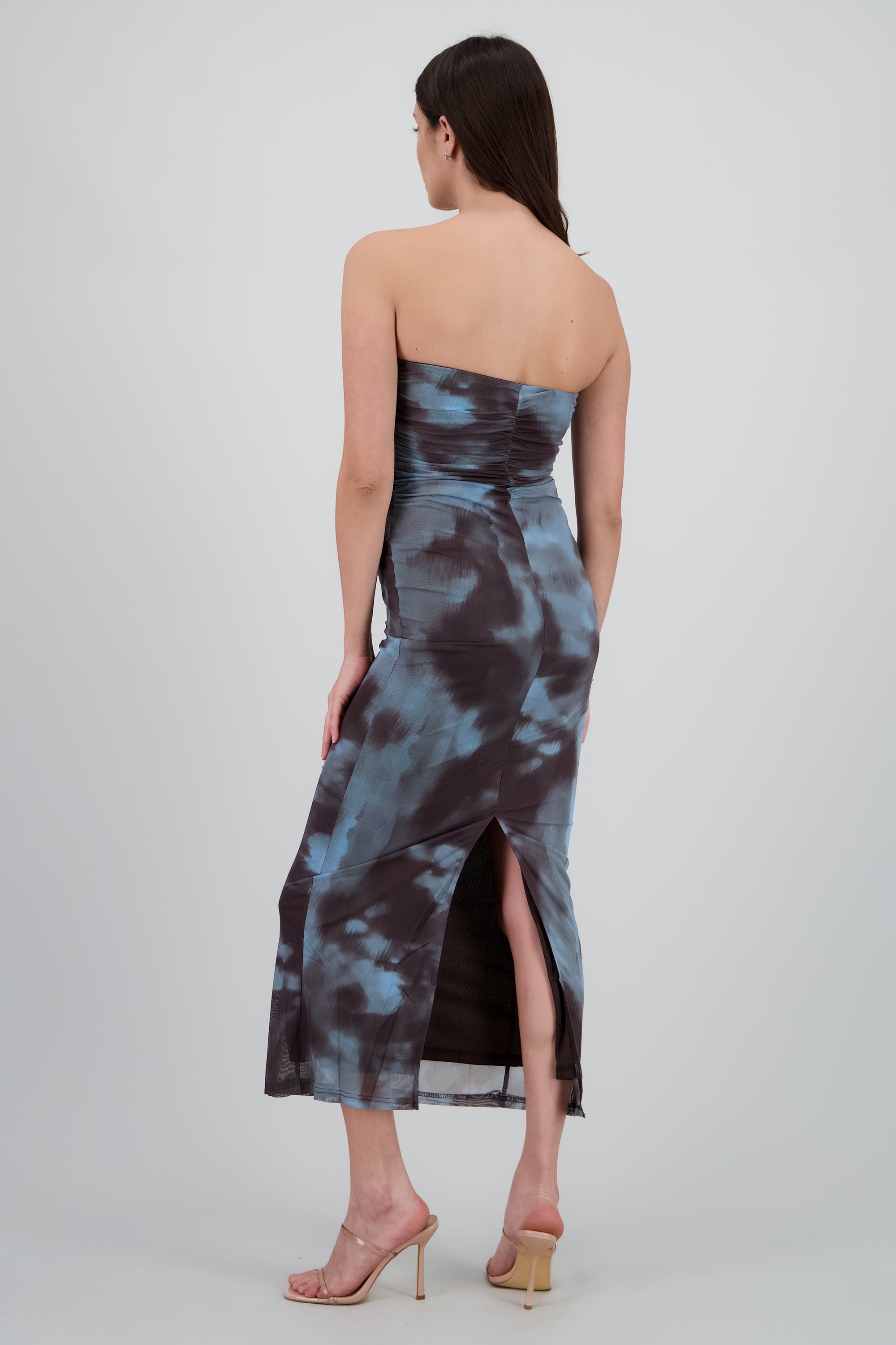 Vestido degradado de mesh strapless AZUL COMBO