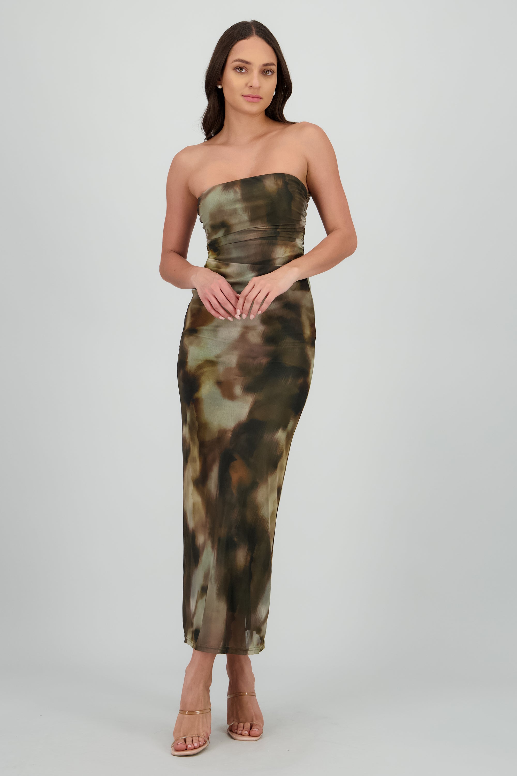 Vestido degradado de mesh strapless CAFE COMBO