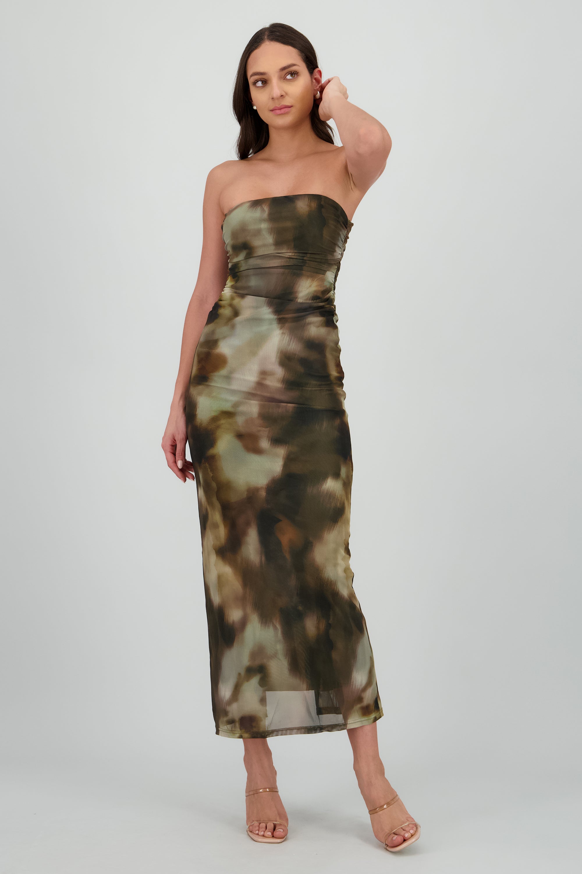 Vestido degradado de mesh strapless CAFE COMBO