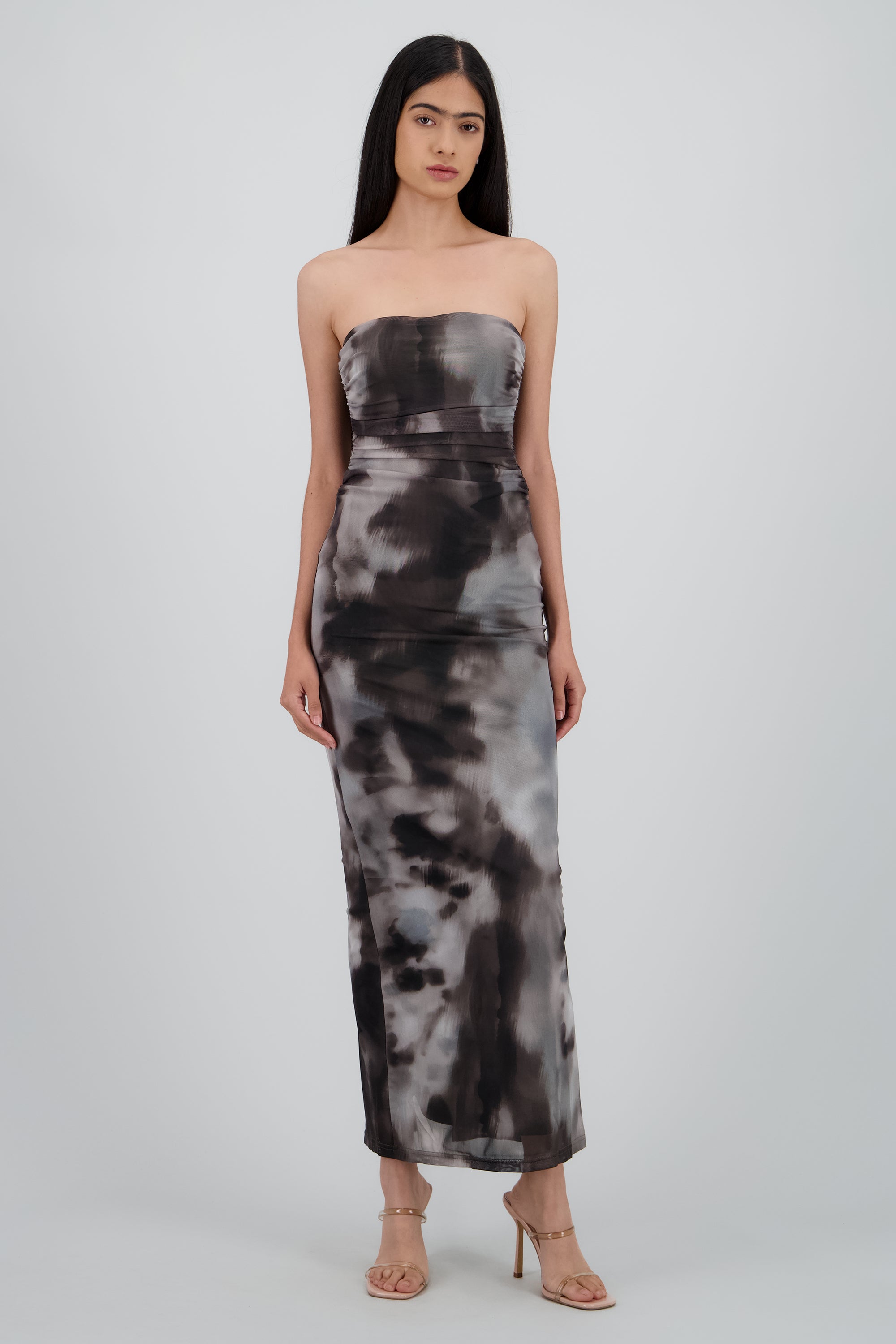 Vestido degradado de mesh strapless GRIS COMBO