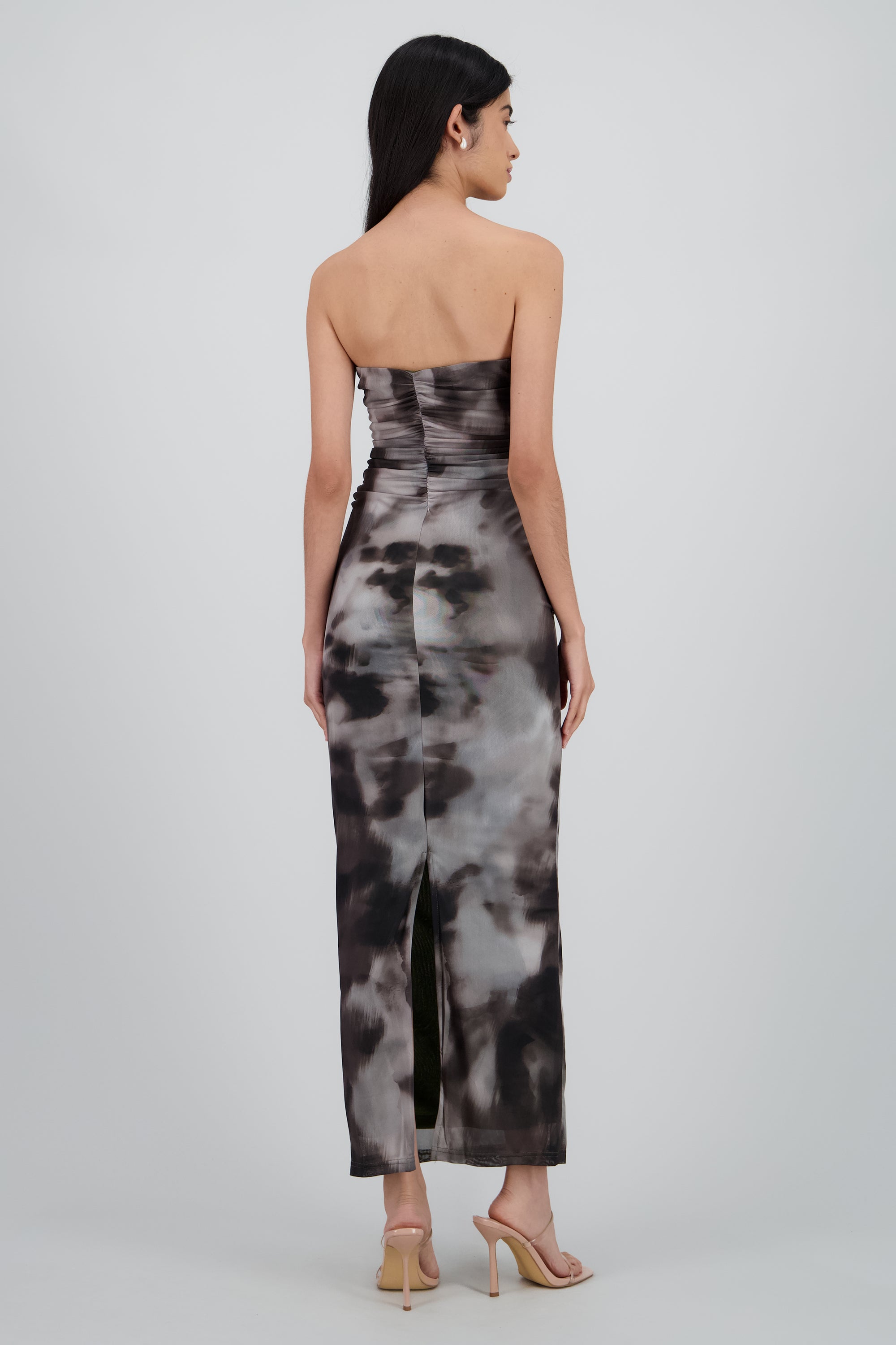 Vestido degradado de mesh strapless GRIS COMBO