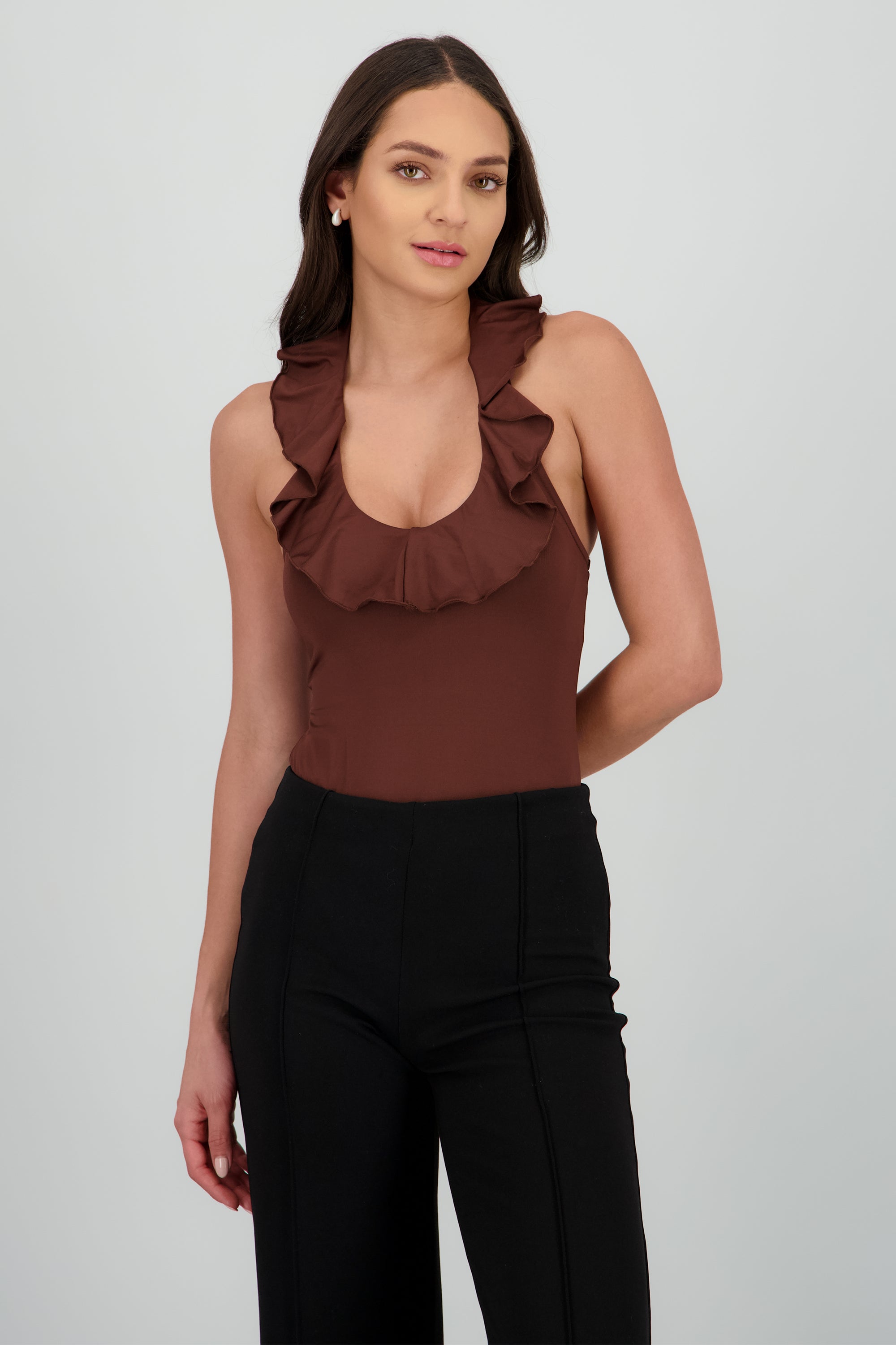 Bodysuit escote en v volante CHOCOLATE