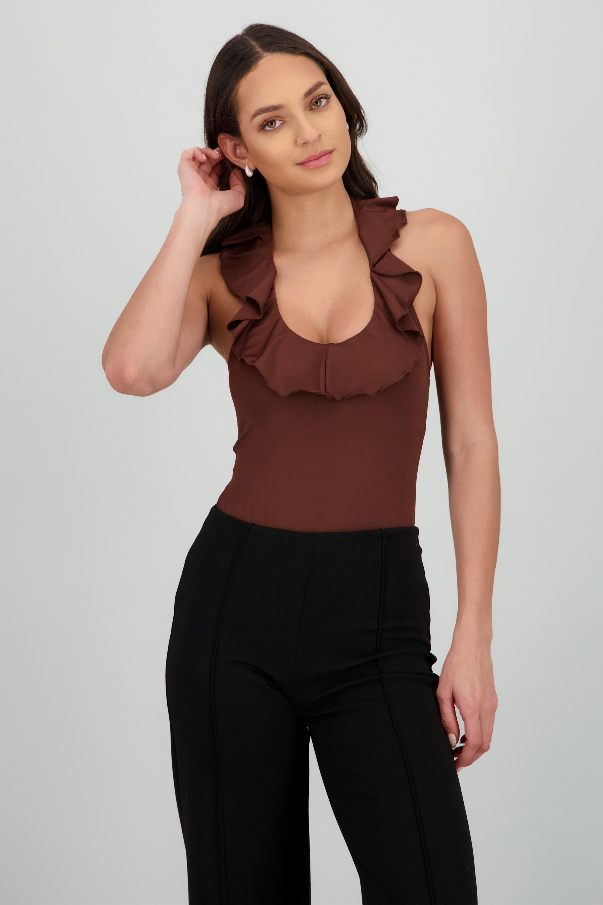 Bodysuit escote en v volante CHOCOLATE
