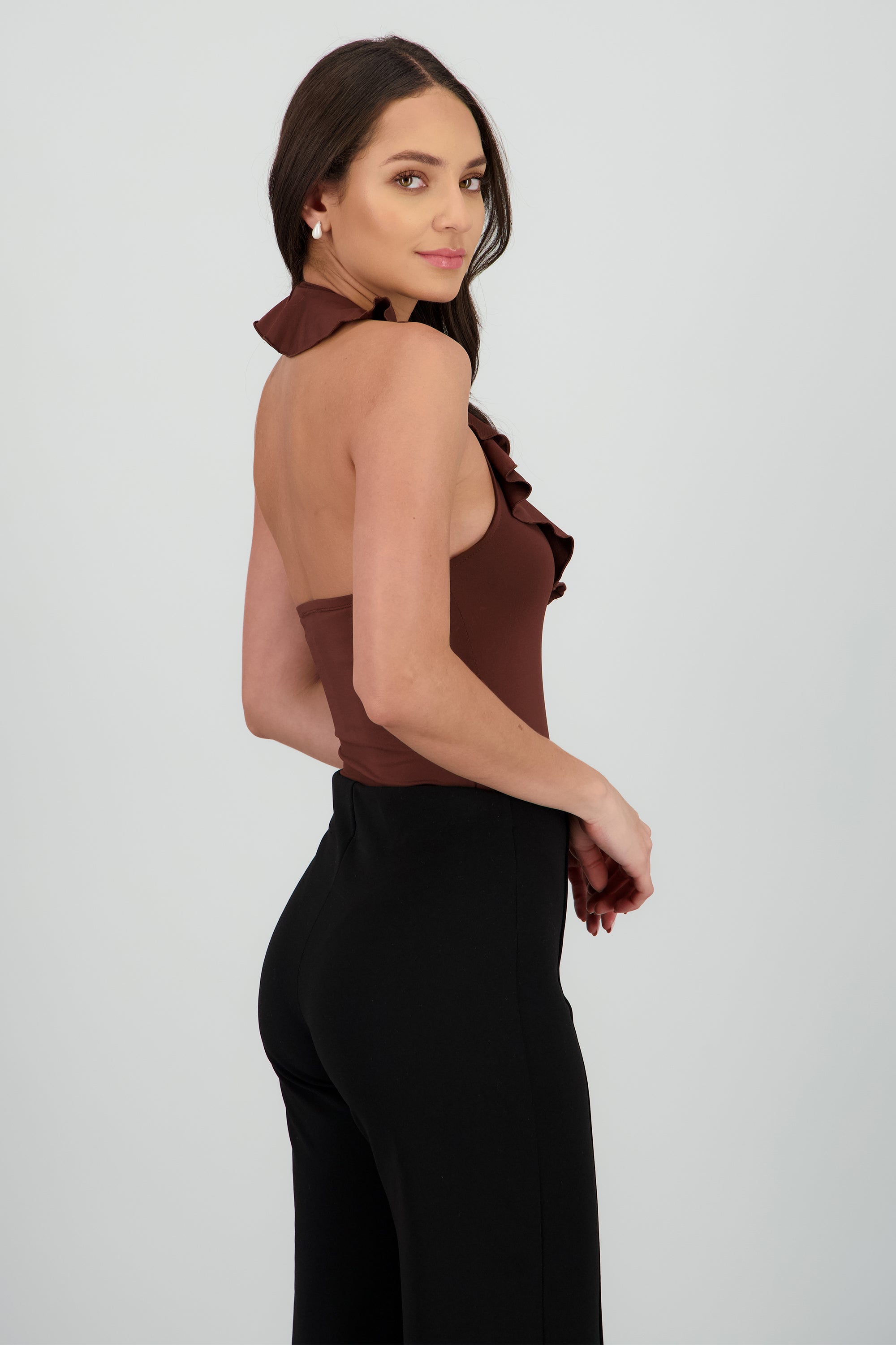 Bodysuit escote en v volante CHOCOLATE