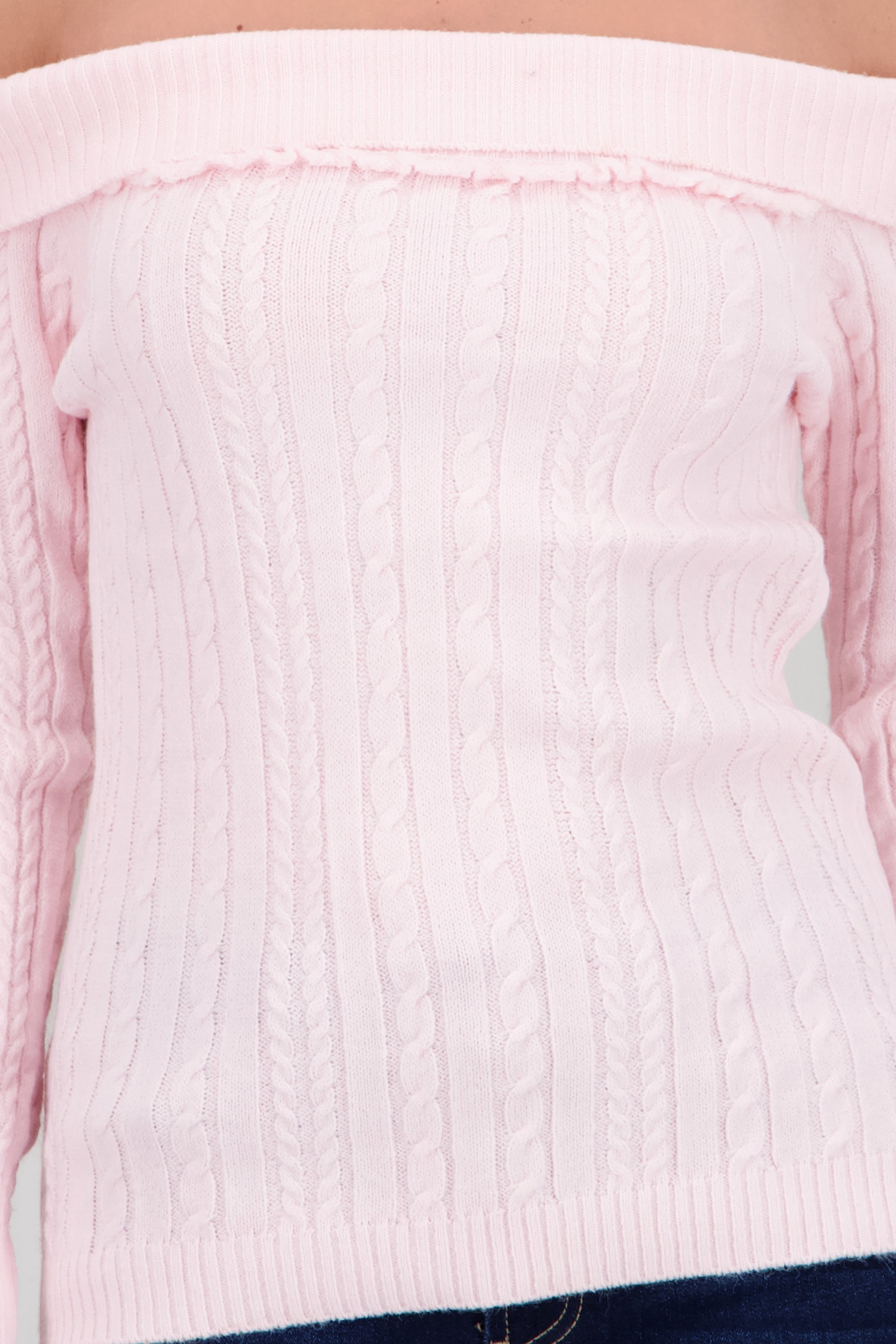 Suetere sin hombros trenzado con amarre moños ROSA PASTEL