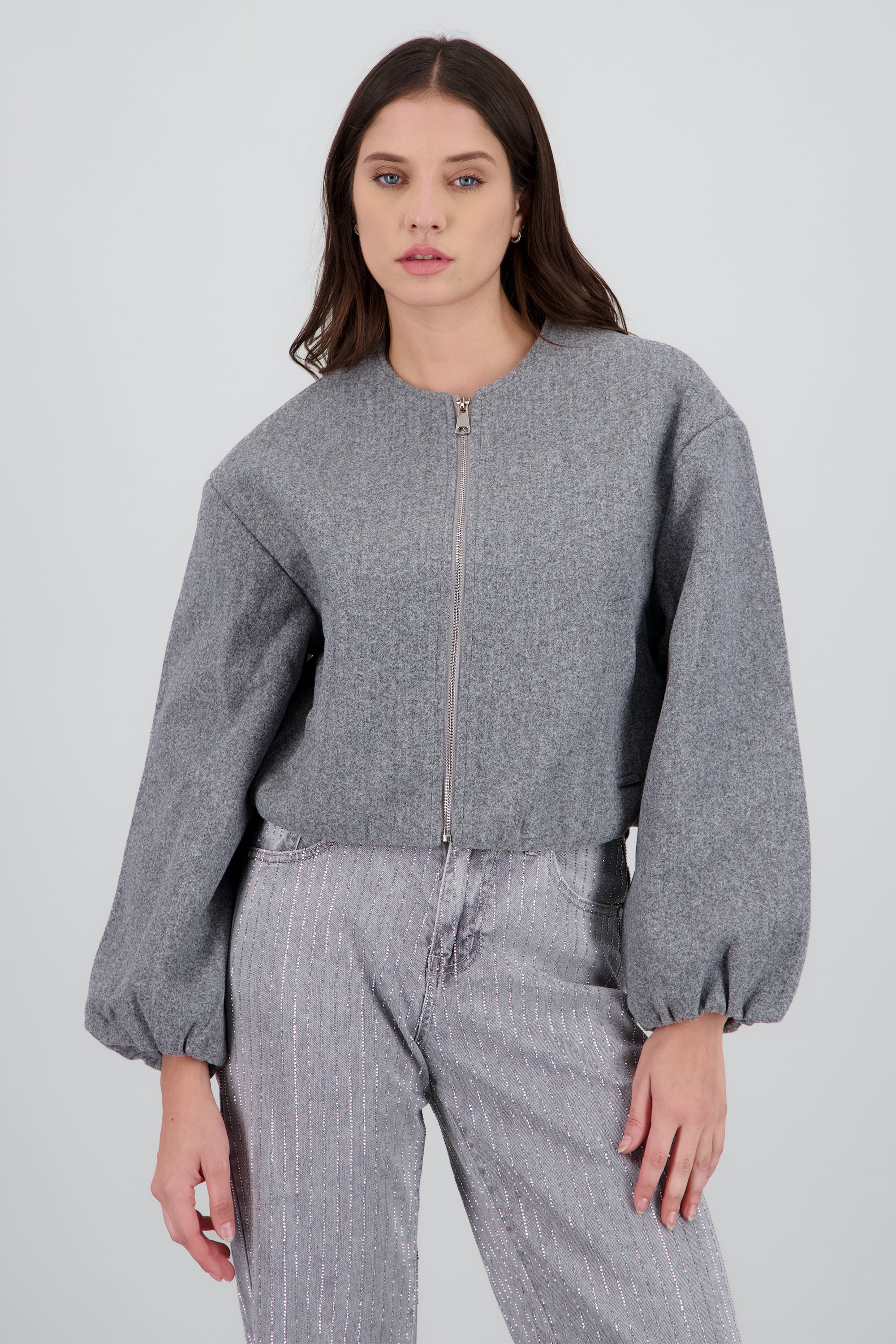 Chamarra bomber de paño efecto globo GRIS CLARO