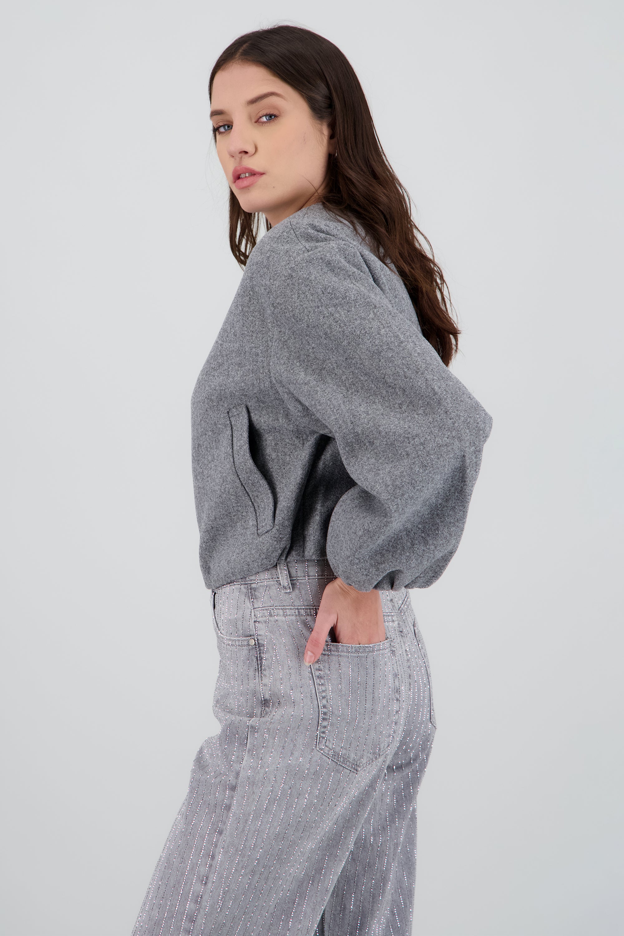 Chamarra bomber de paño efecto globo GRIS CLARO