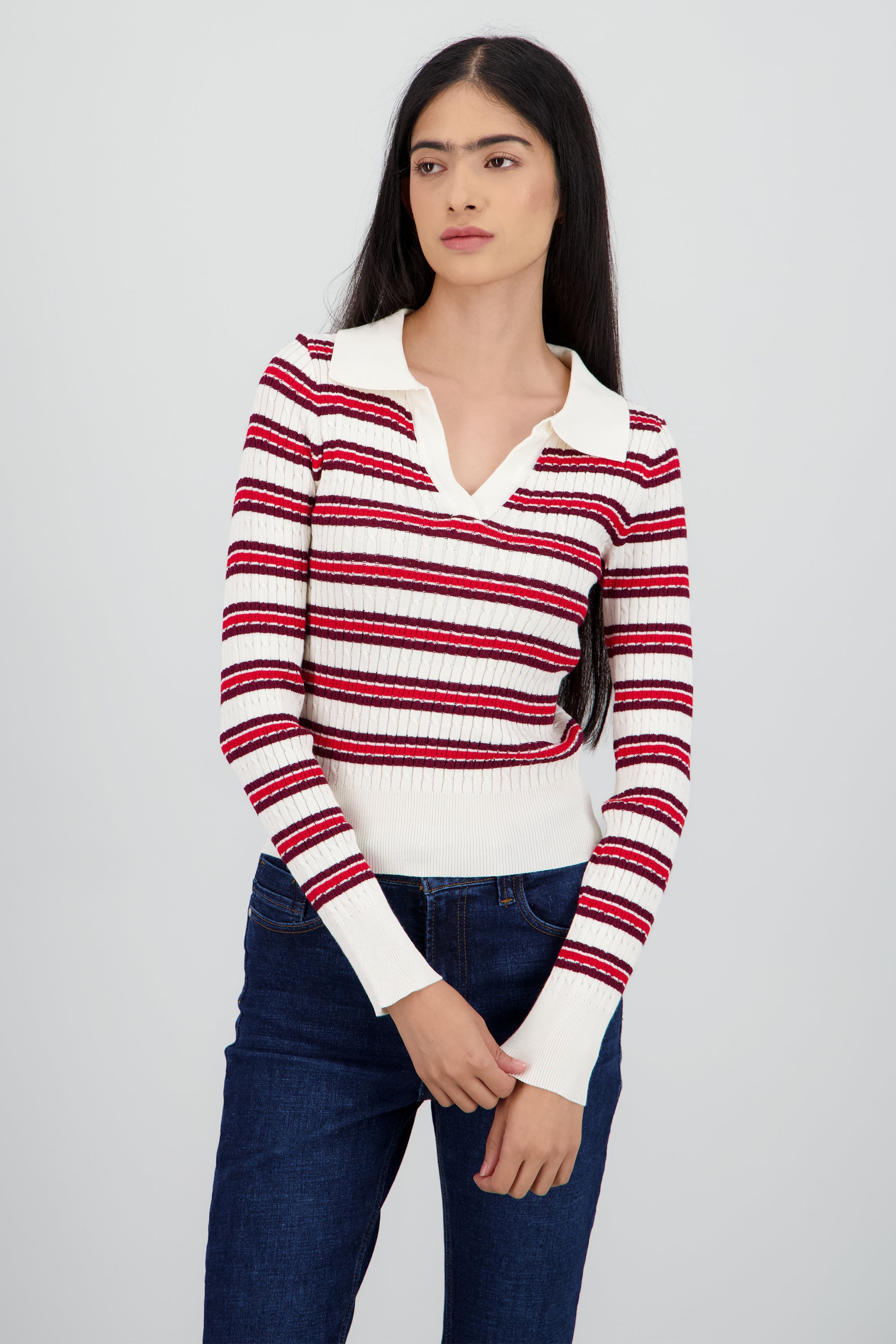 Sueter tipo polo rayas textura HUESO COMBO