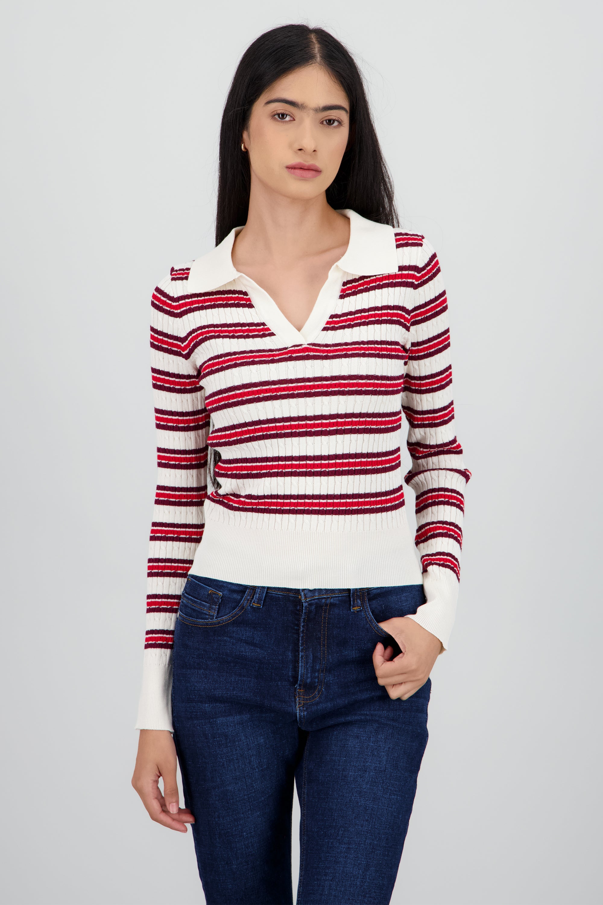 Sueter tipo polo rayas textura HUESO COMBO