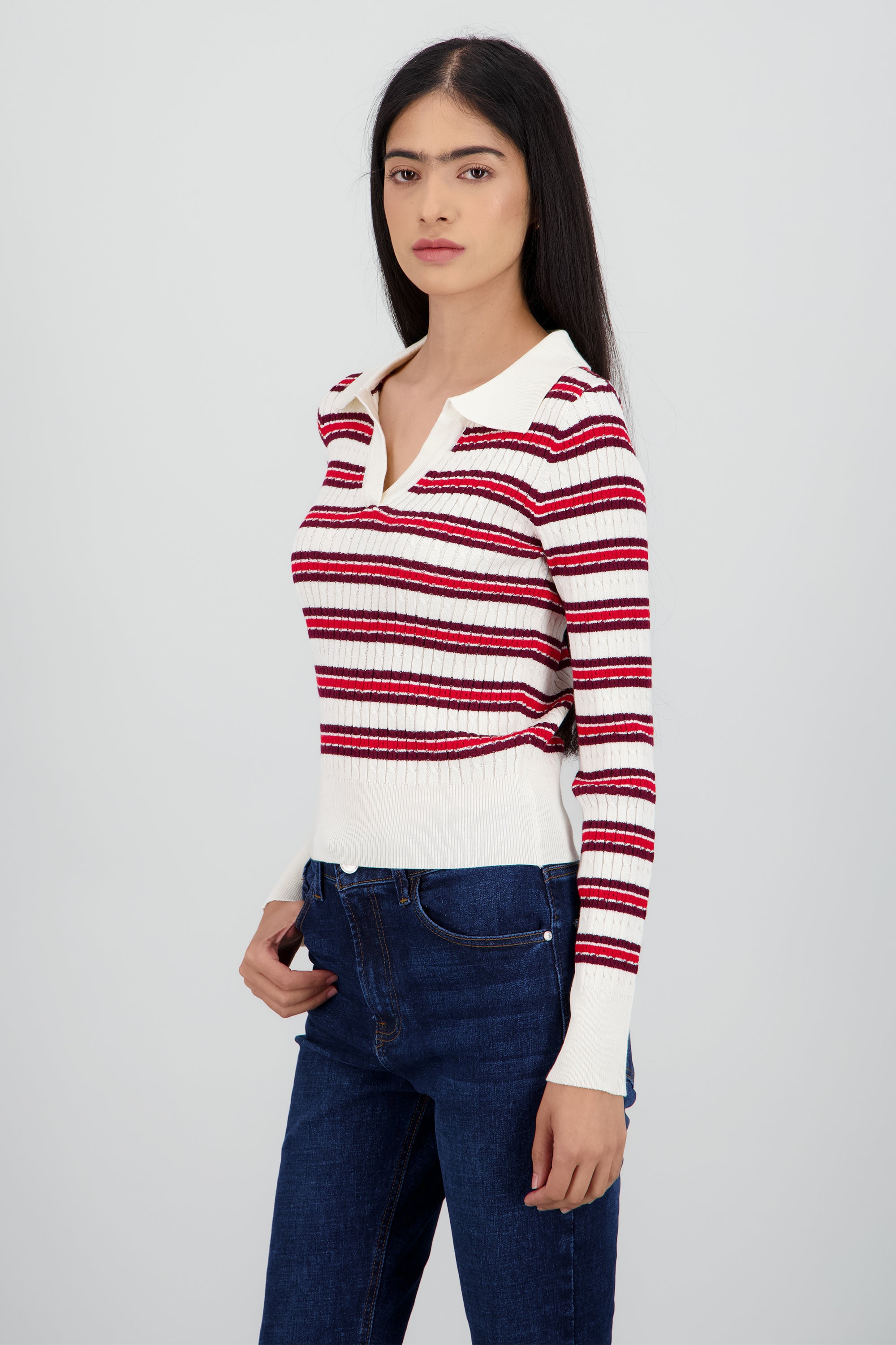 Sueter tipo polo rayas textura HUESO COMBO
