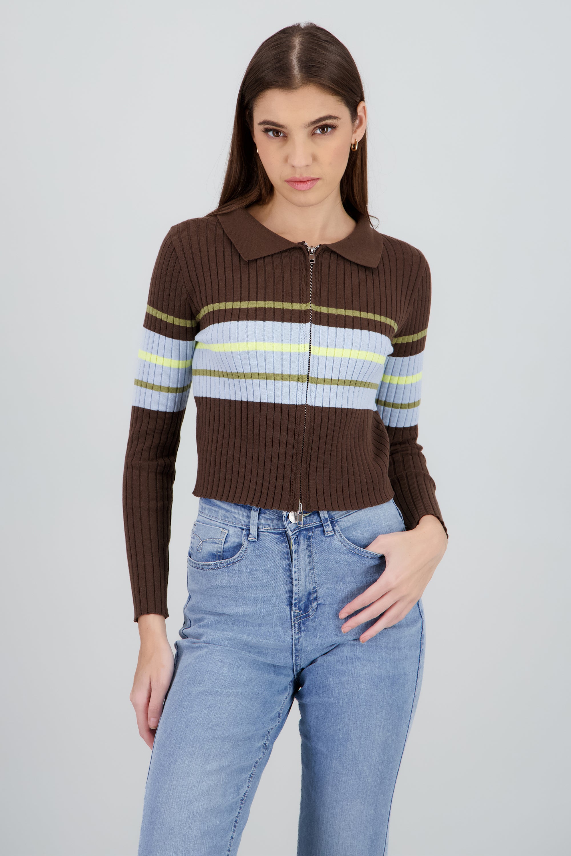 Sueter manga larga tejido con cierrre CAFE COMBO