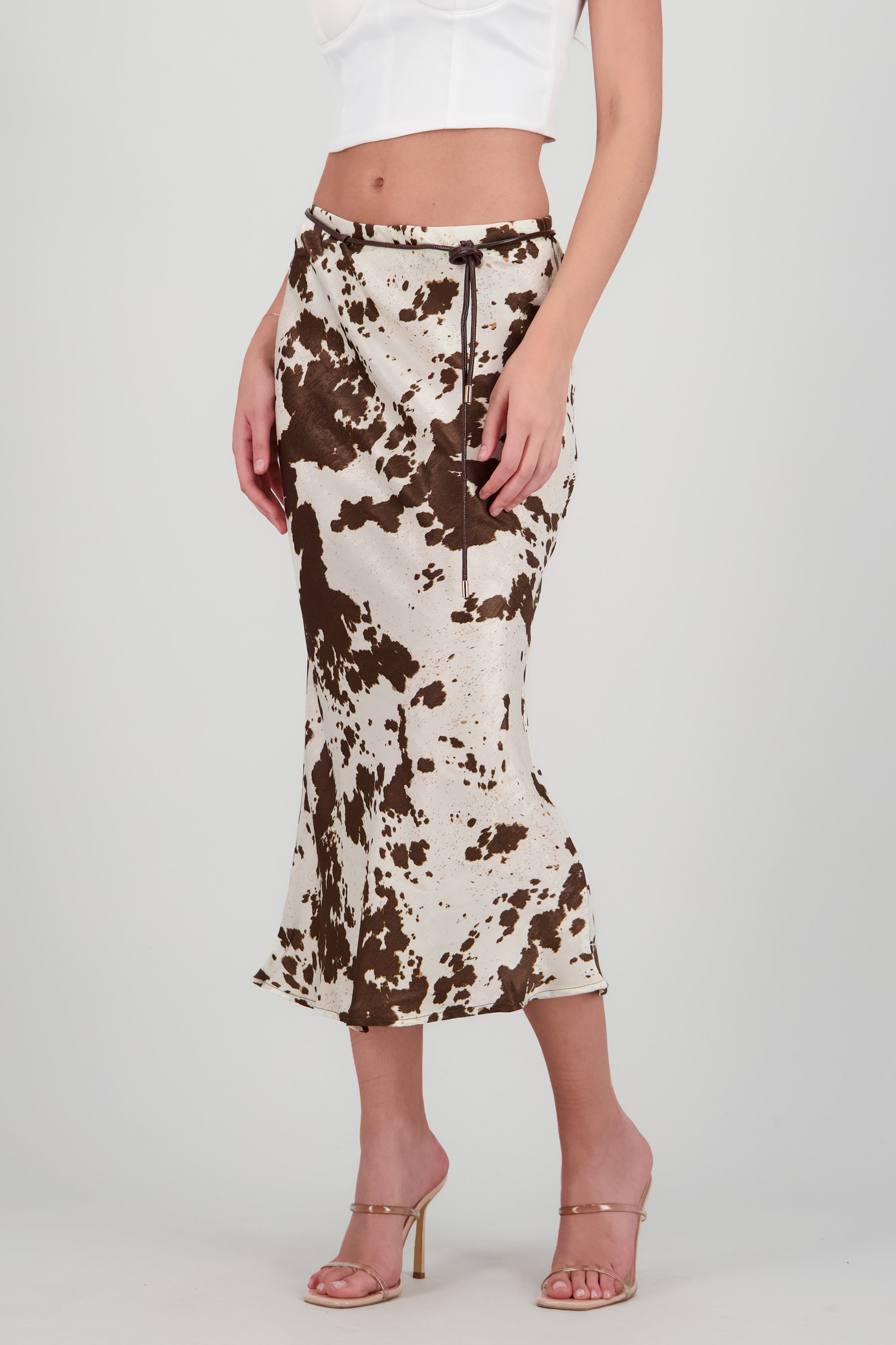 Falda estampado vaca detalle cinturon CAFE COMBO