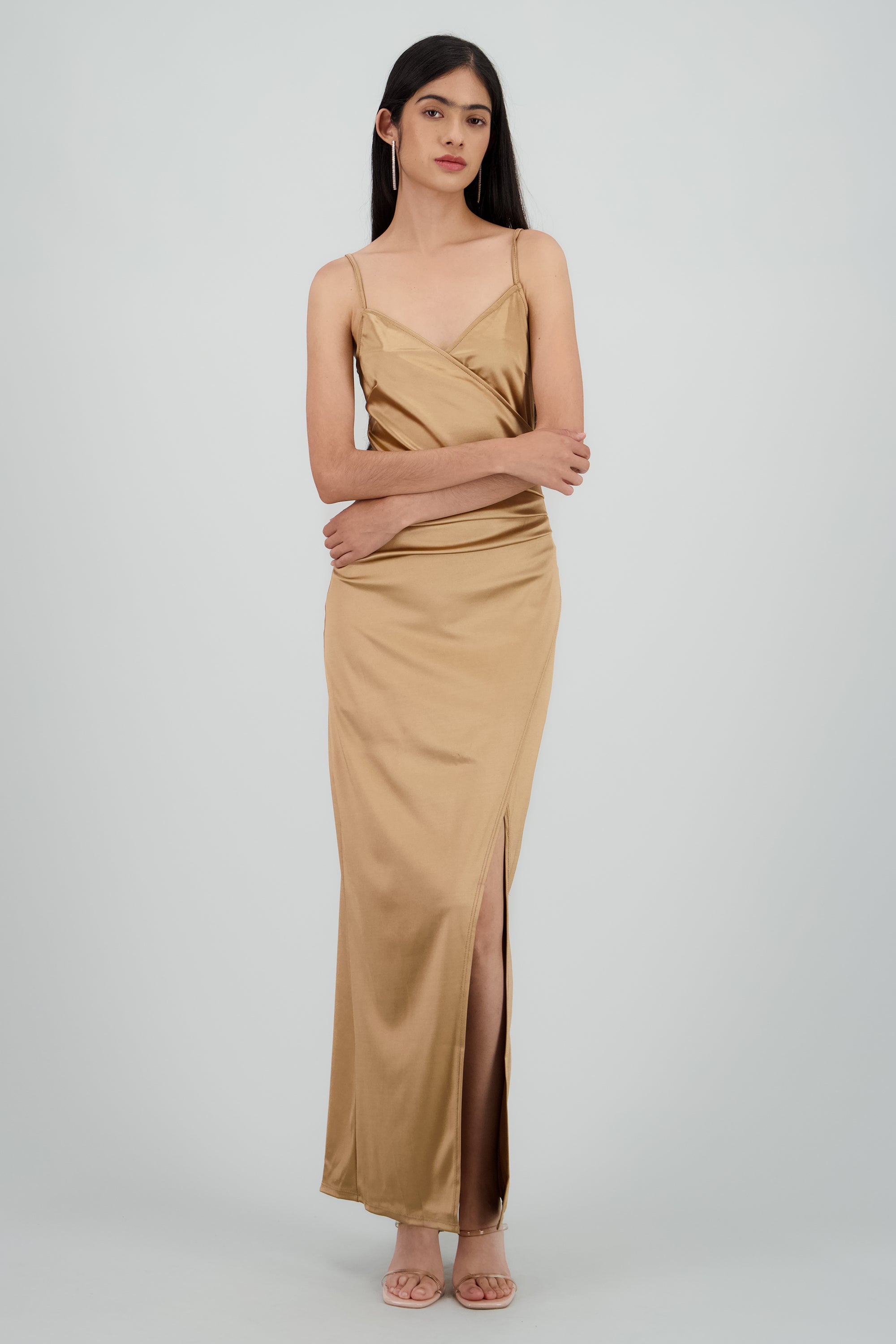 Vestido satinado midi GREIGE