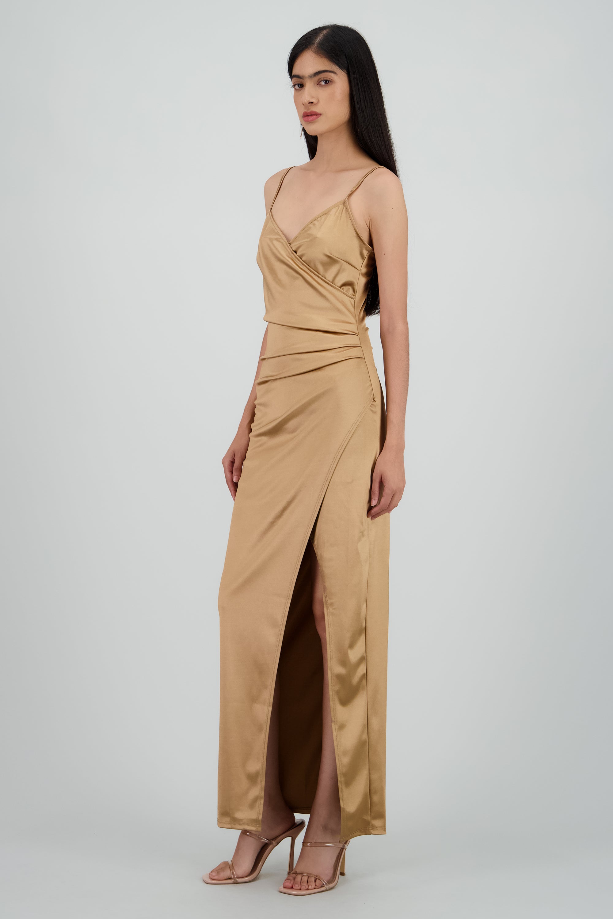 Vestido satinado midi GREIGE
