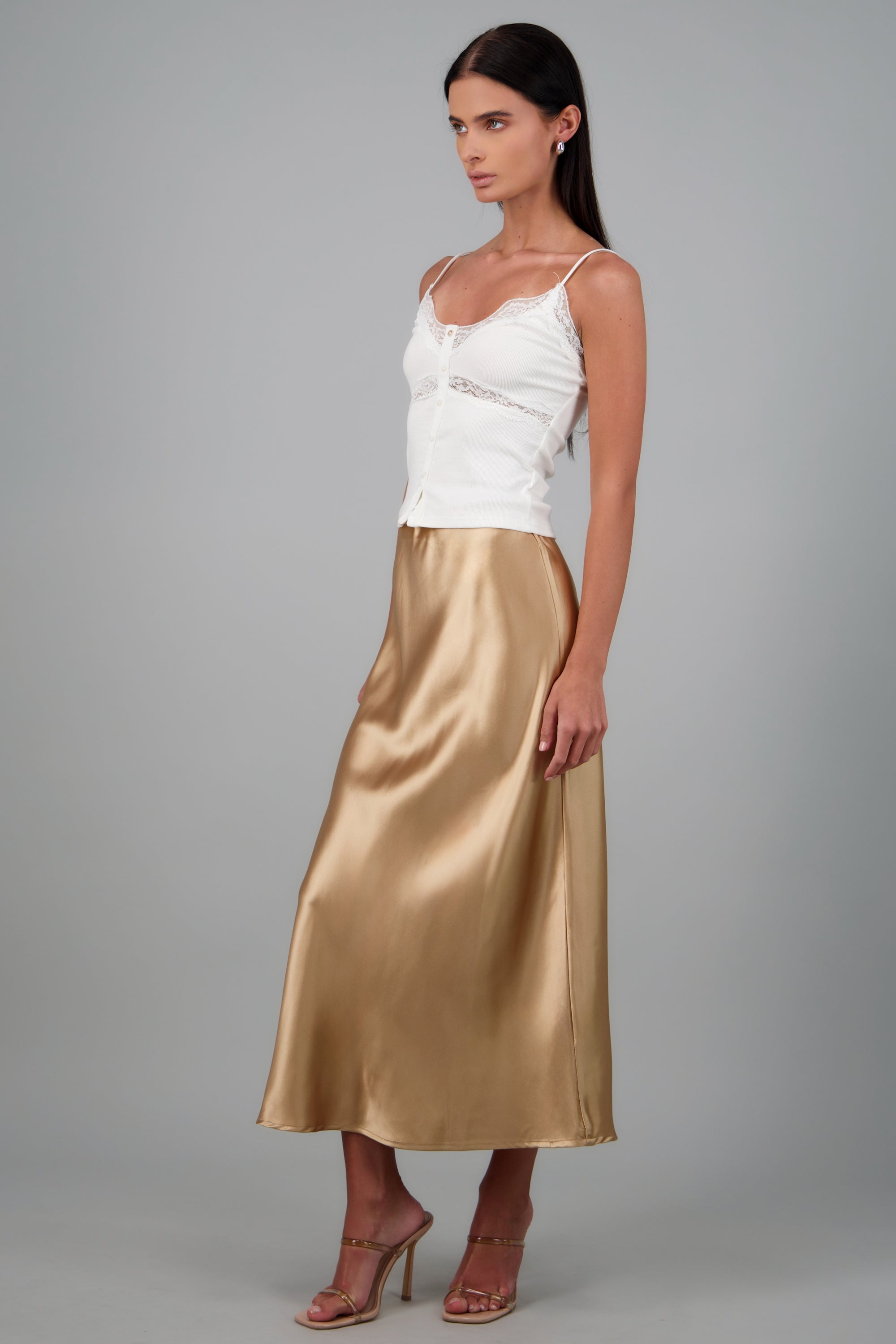 FALDA SATINADA MIDI LISA KHAKI