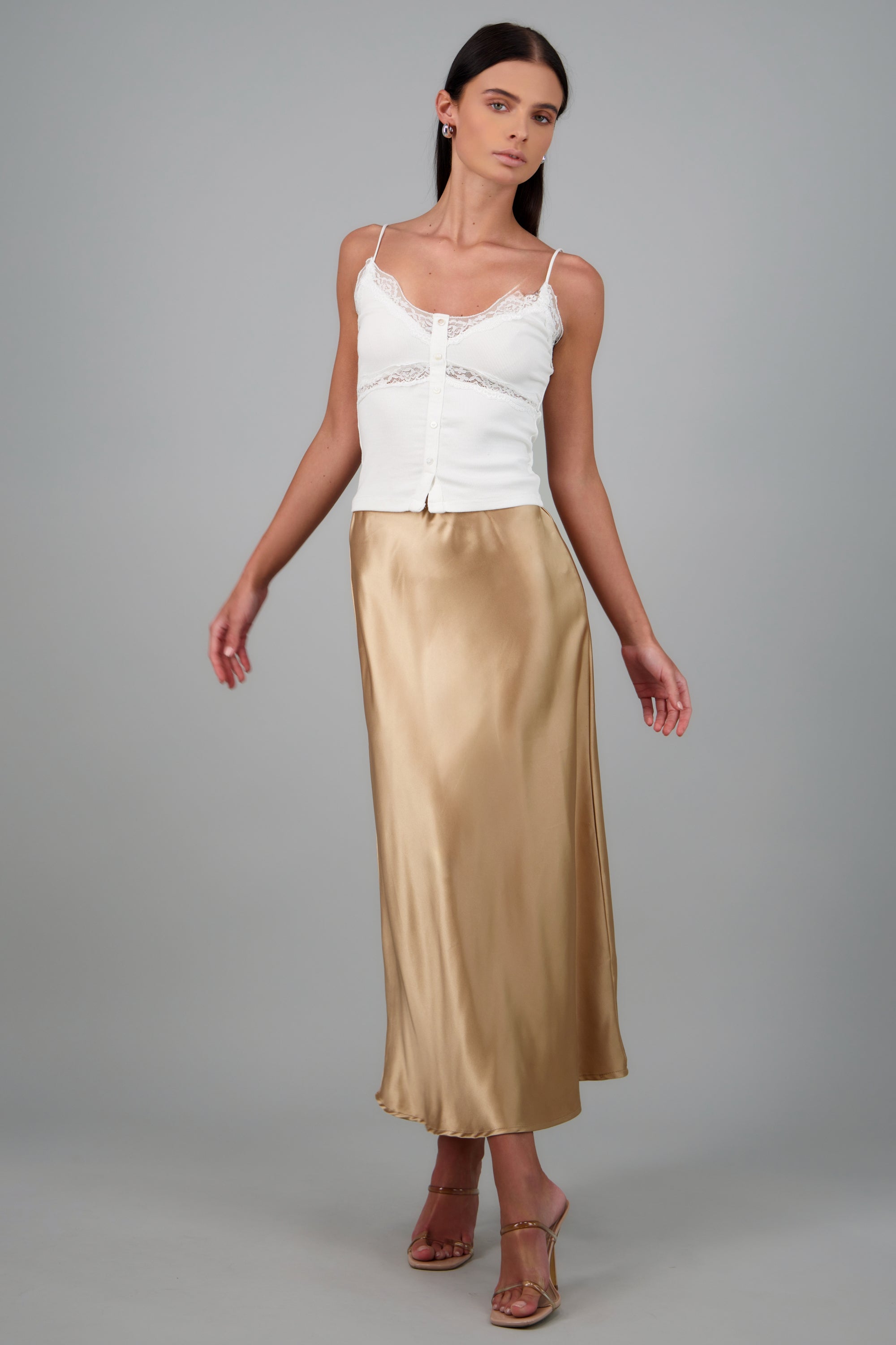 FALDA SATINADA MIDI LISA KHAKI