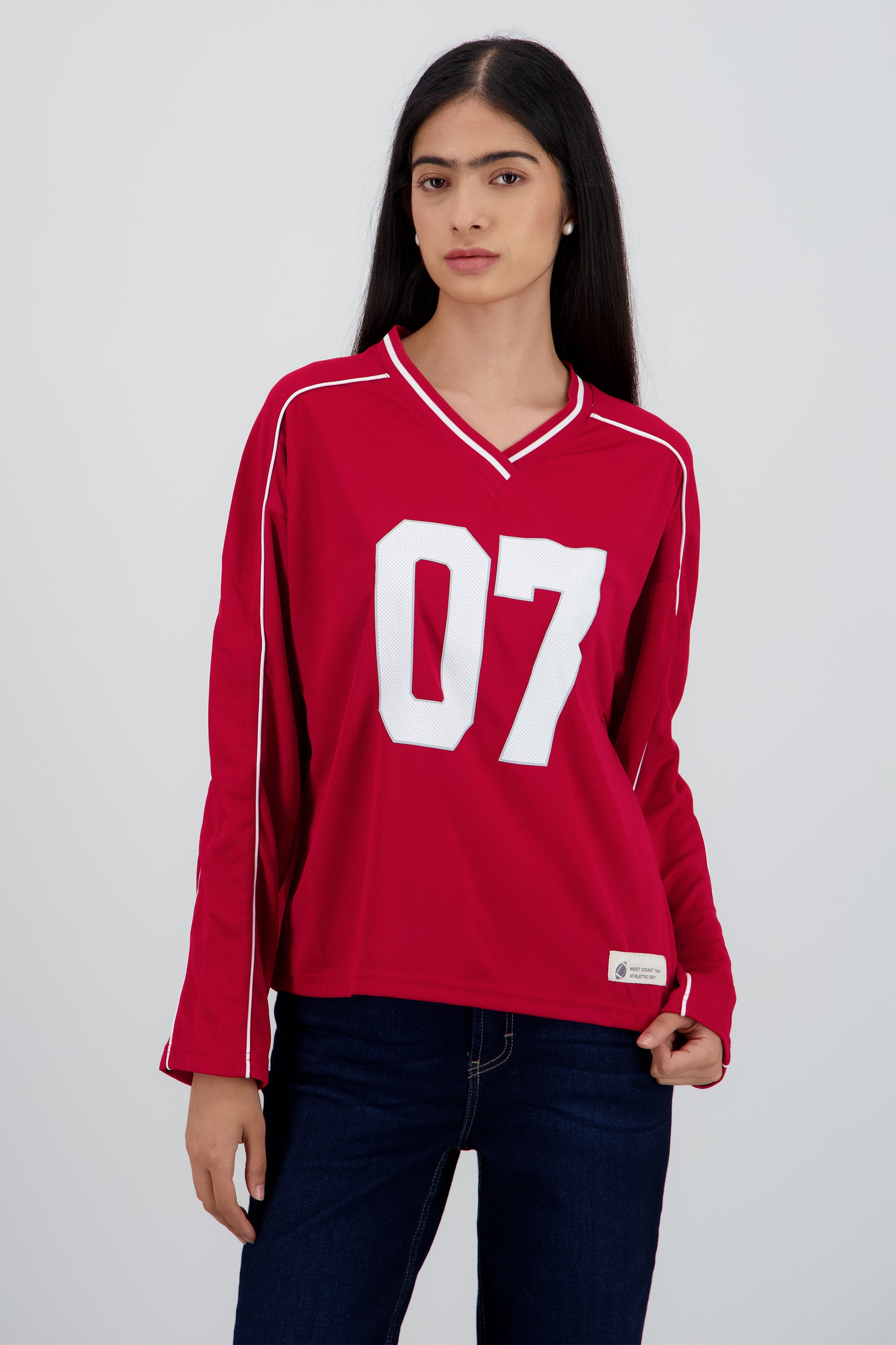 Playera tipo jersey contraste manga larga ROJO
