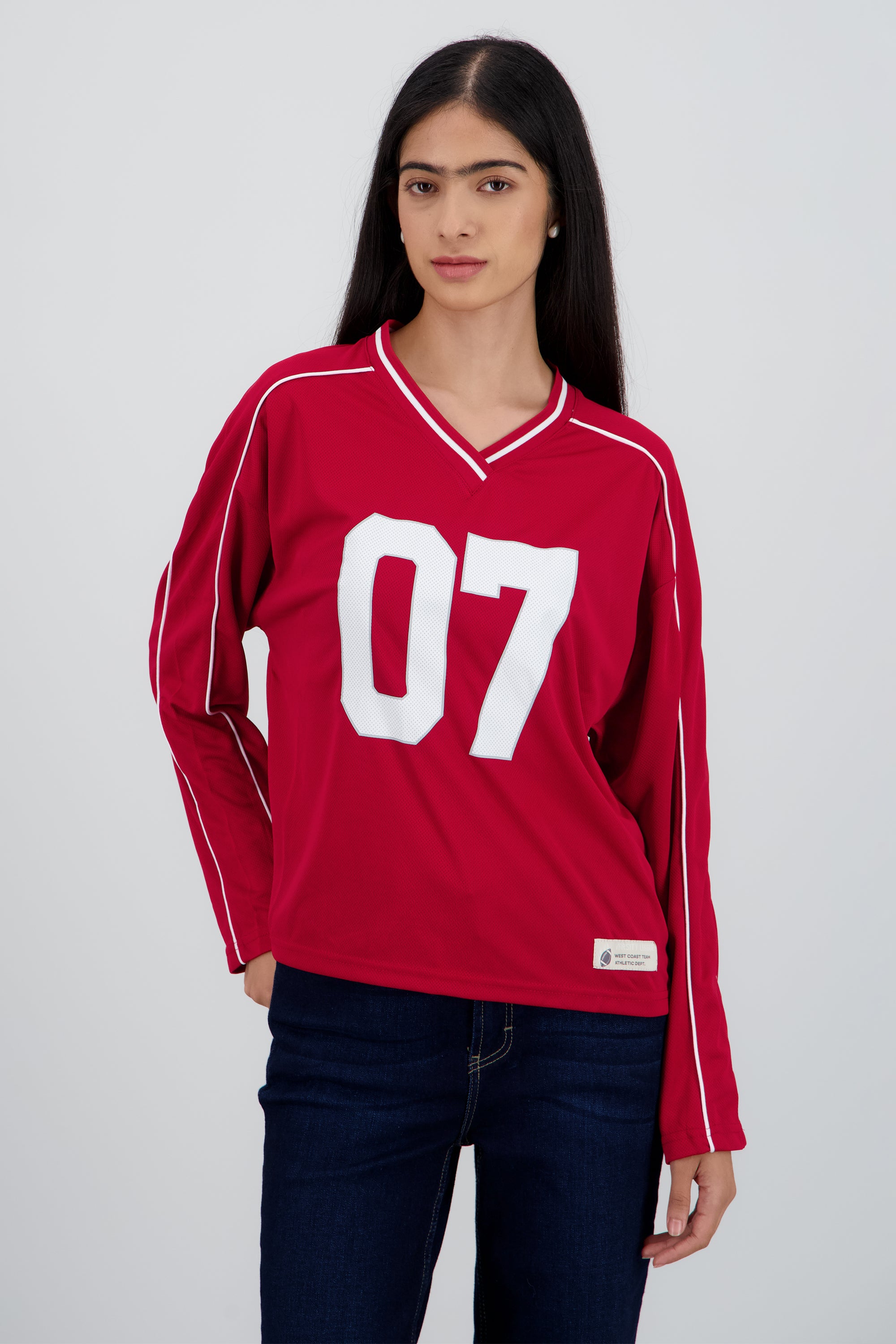 Playera tipo jersey contraste manga larga ROJO