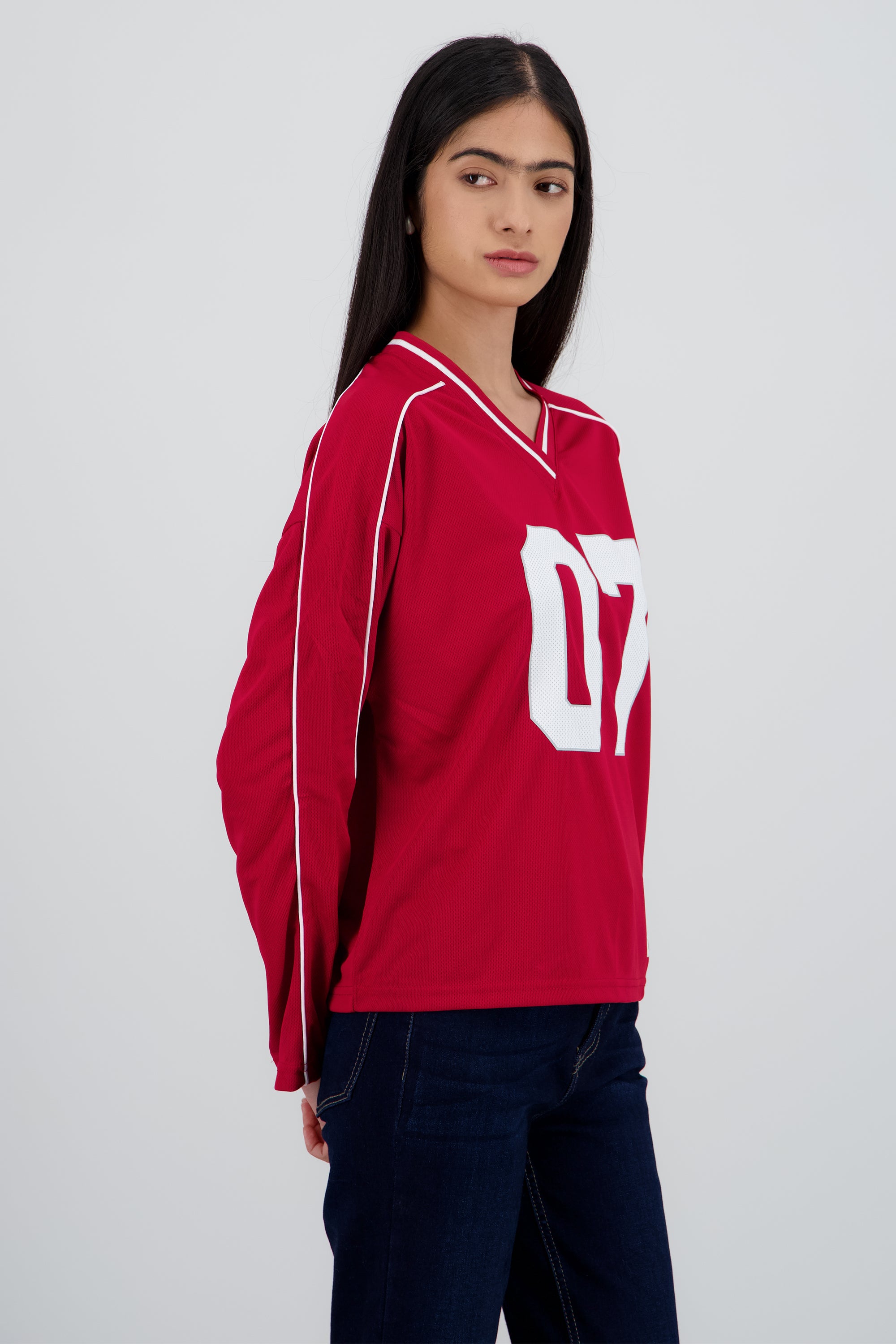 Playera tipo jersey contraste manga larga ROJO