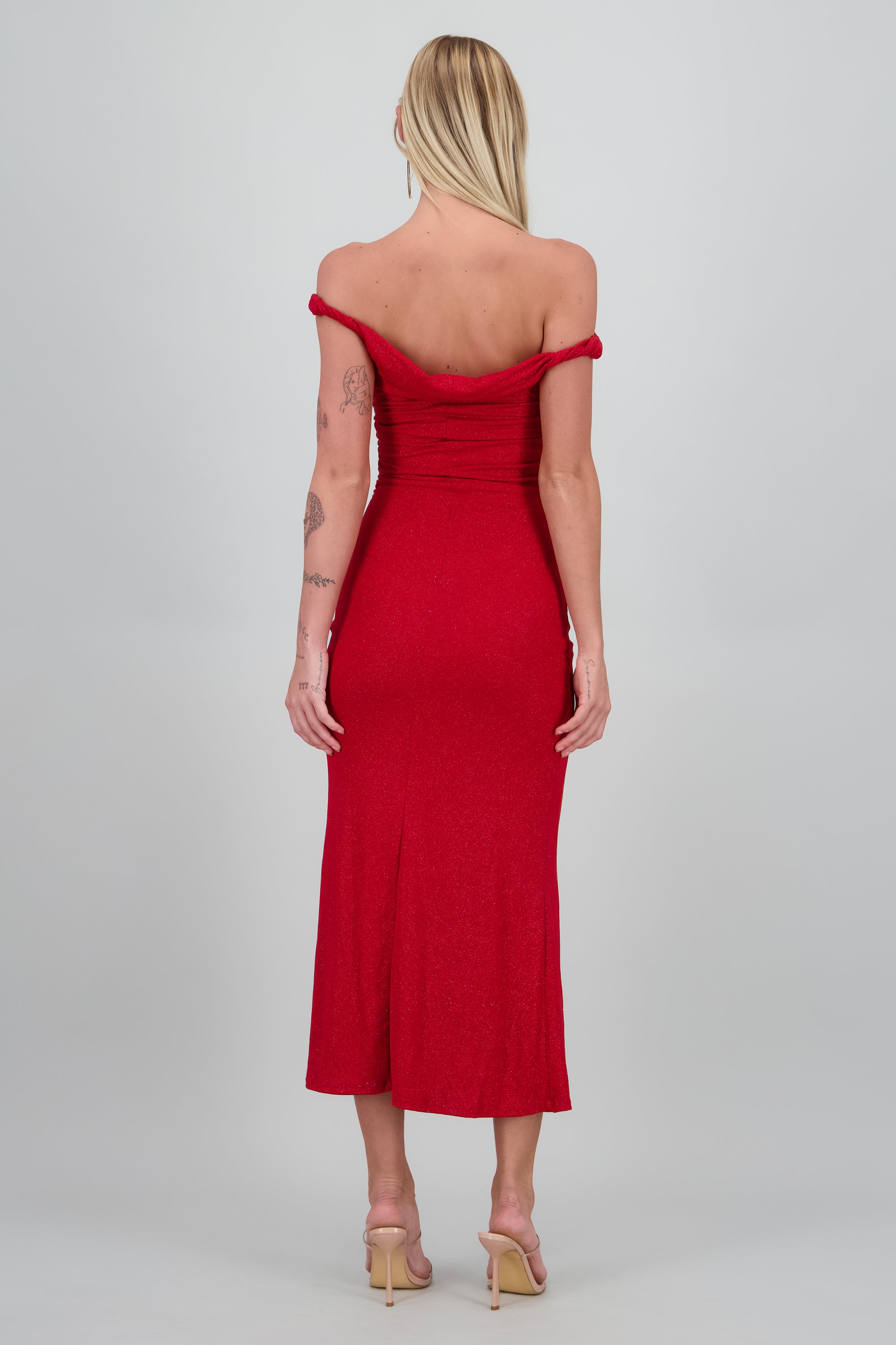 Vestido brillos drapeado detalle tirante ROJO