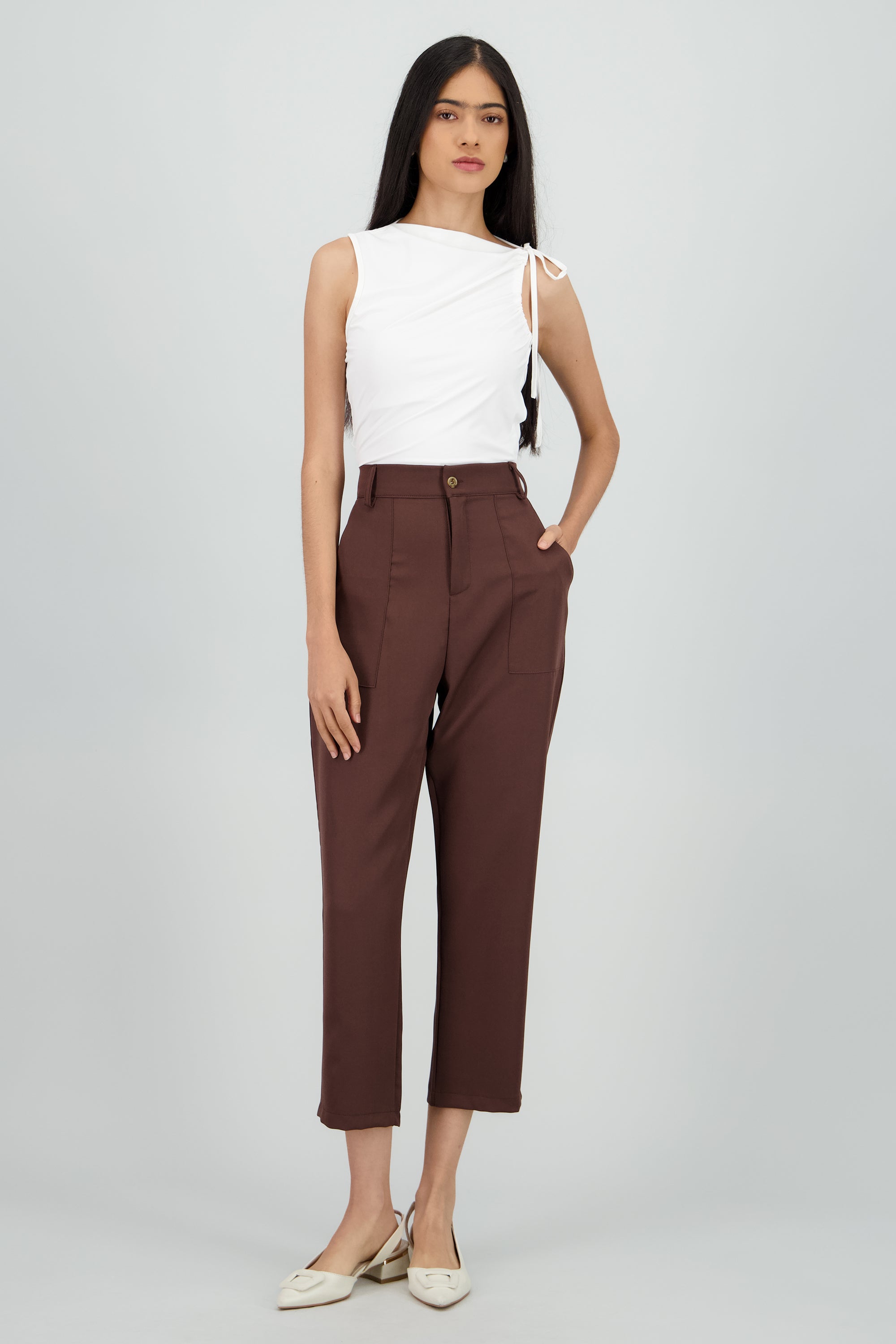 Pantalón Cintura Alta Capri Bolsas CHOCOLATE