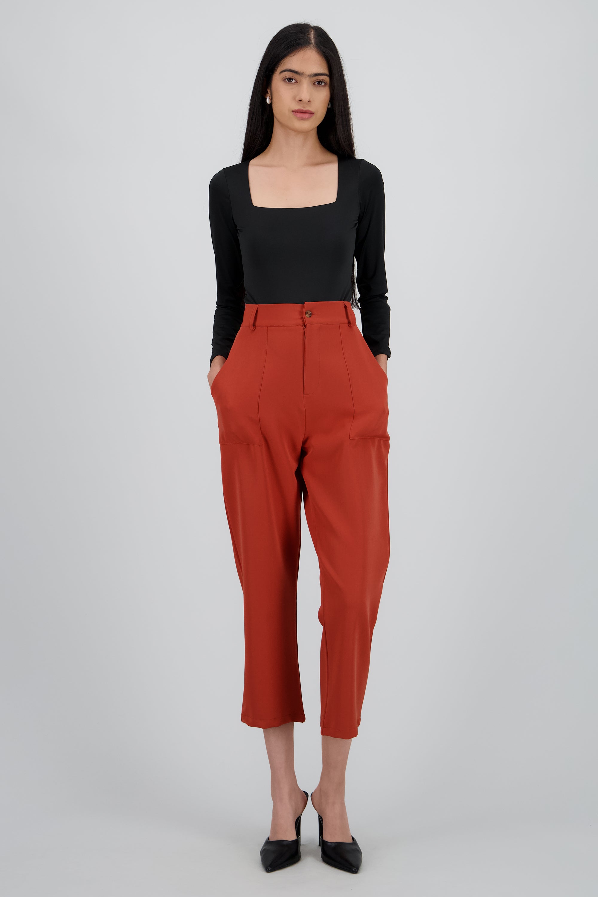 Pantalón Cintura Alta Capri Bolsas LADRILLO