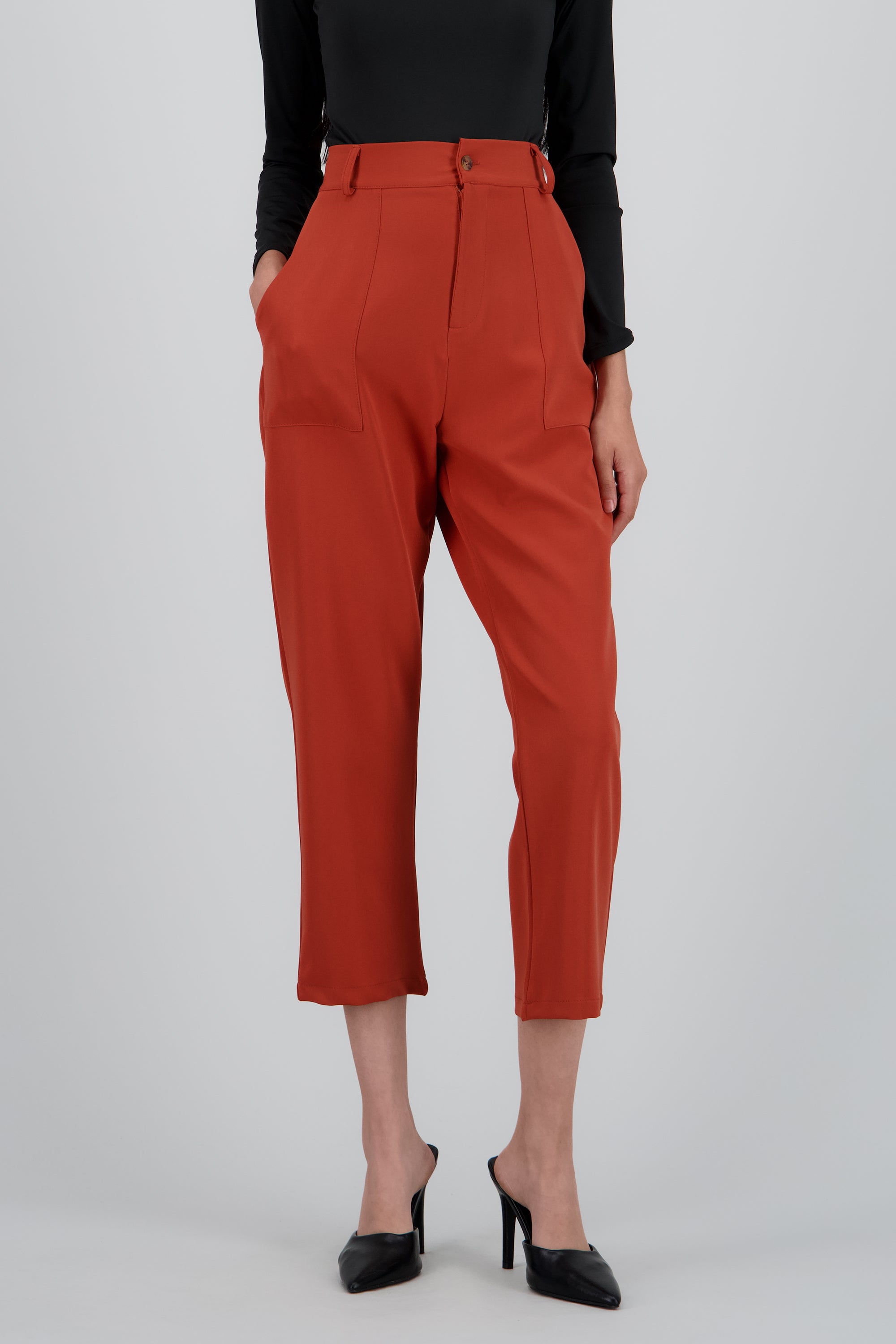 Pantalón Cintura Alta Capri Bolsas LADRILLO