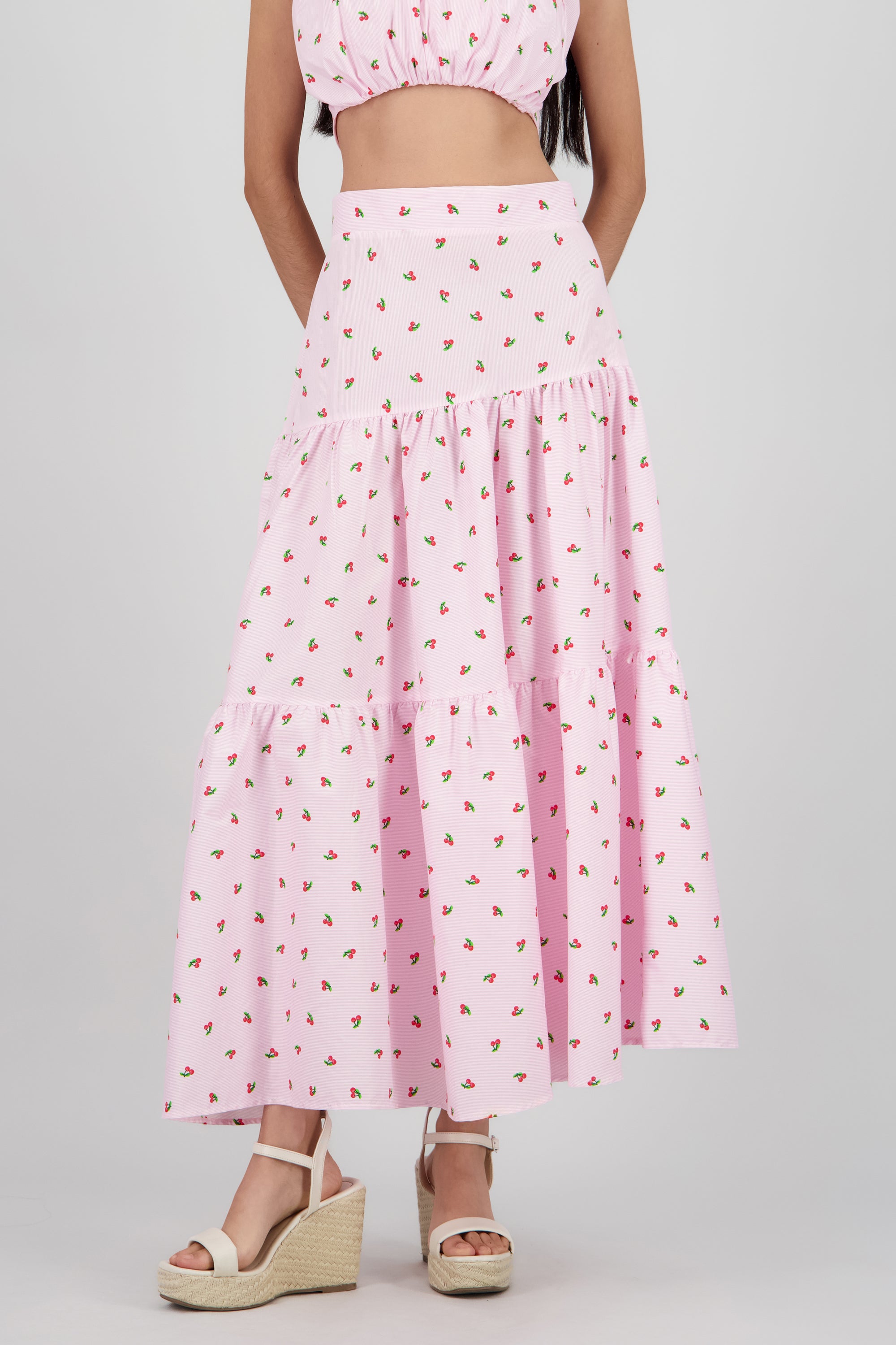 Falda midi olanes detalle frunces ROSA PASTEL