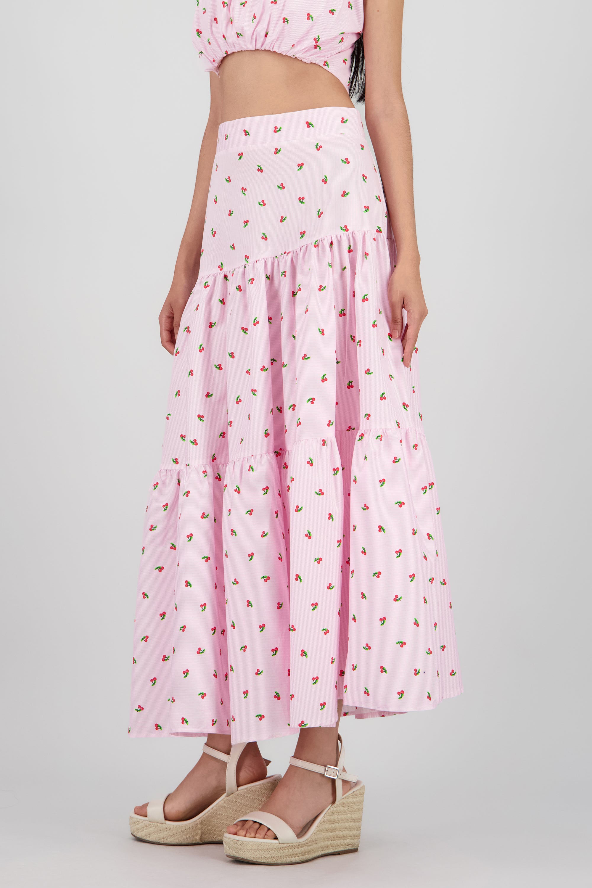Falda midi olanes detalle frunces ROSA PASTEL