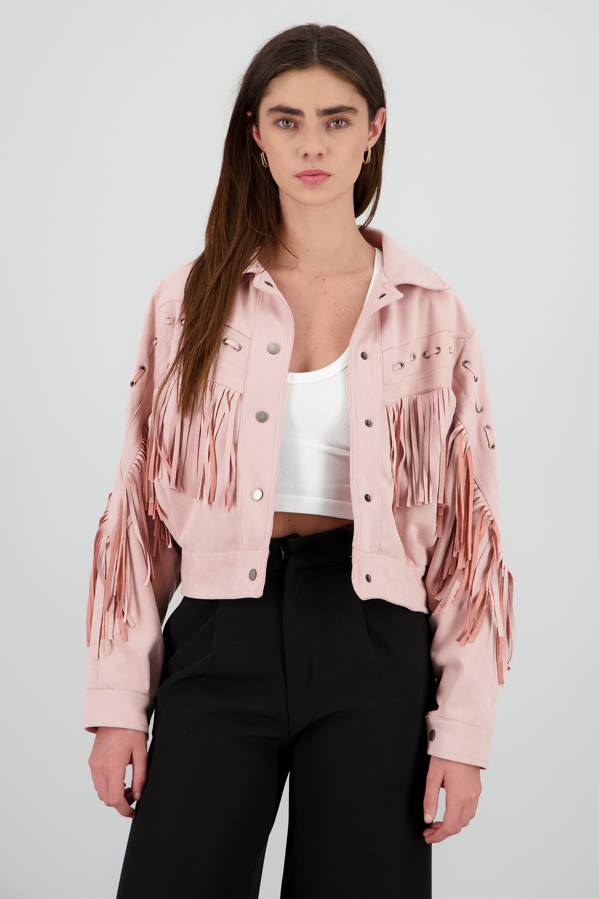 Chamarra suede detalle flecos ROSA PASTEL