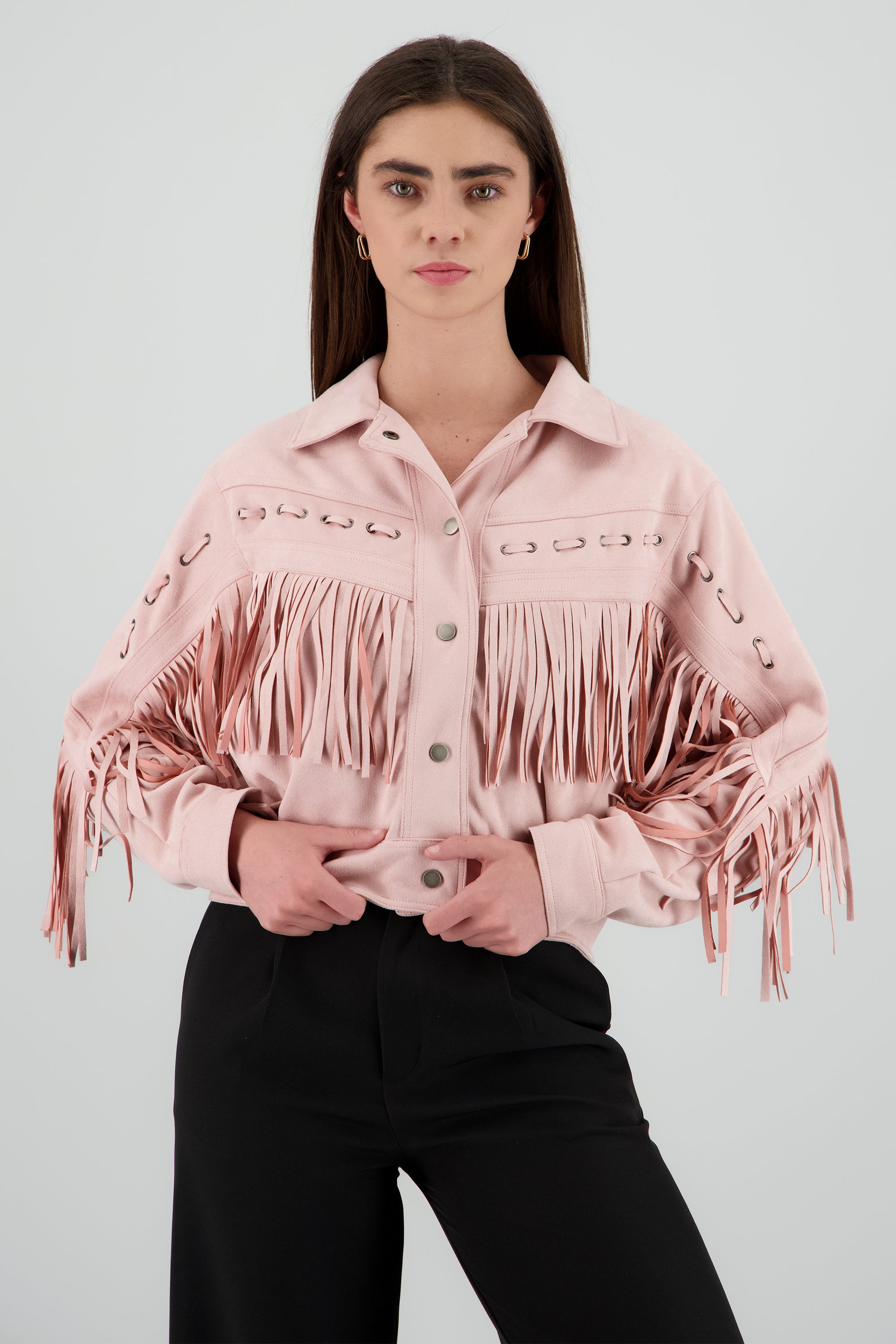 Chamarra suede detalle flecos ROSA PASTEL