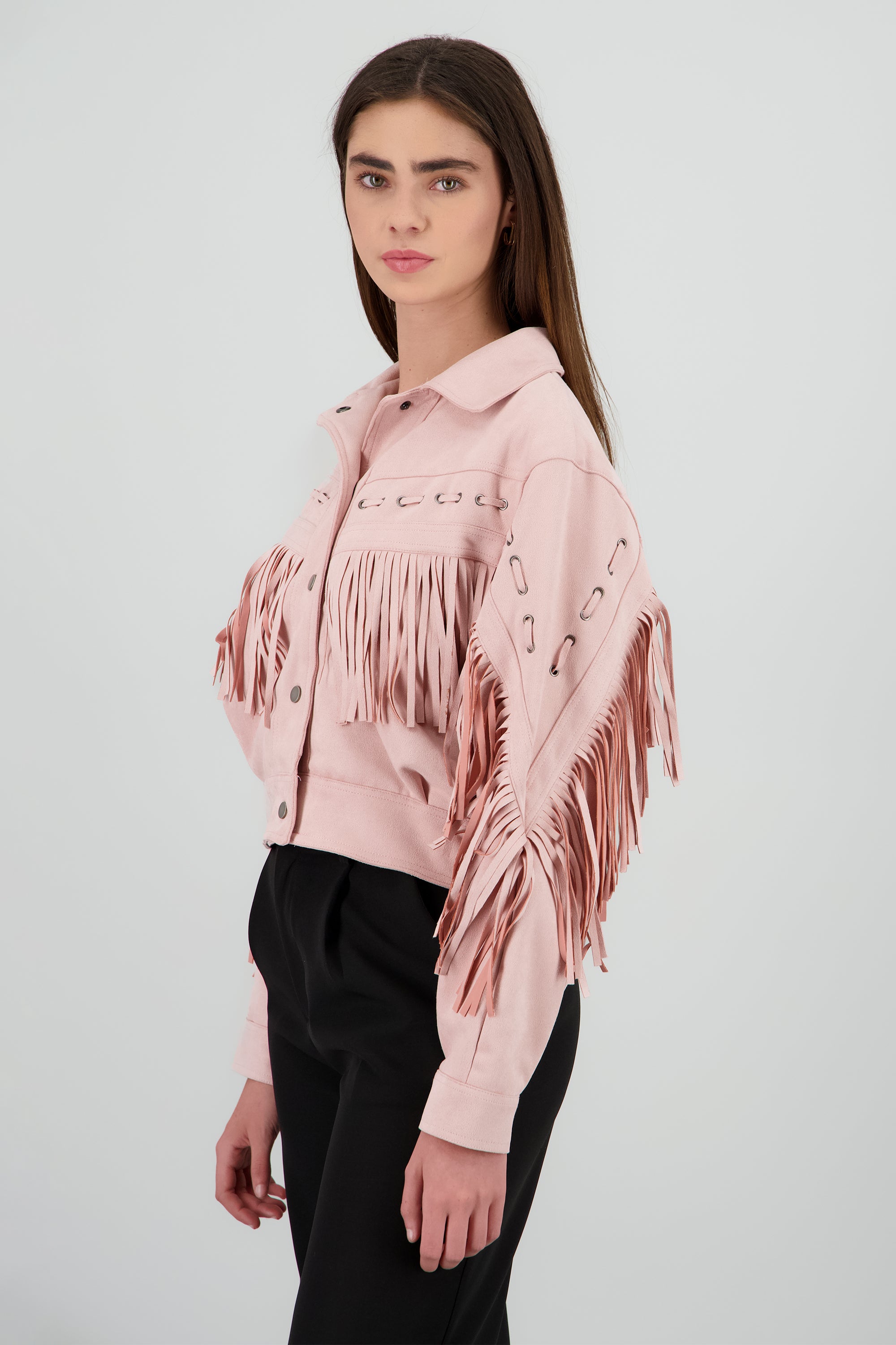 Chamarra suede detalle flecos ROSA PASTEL