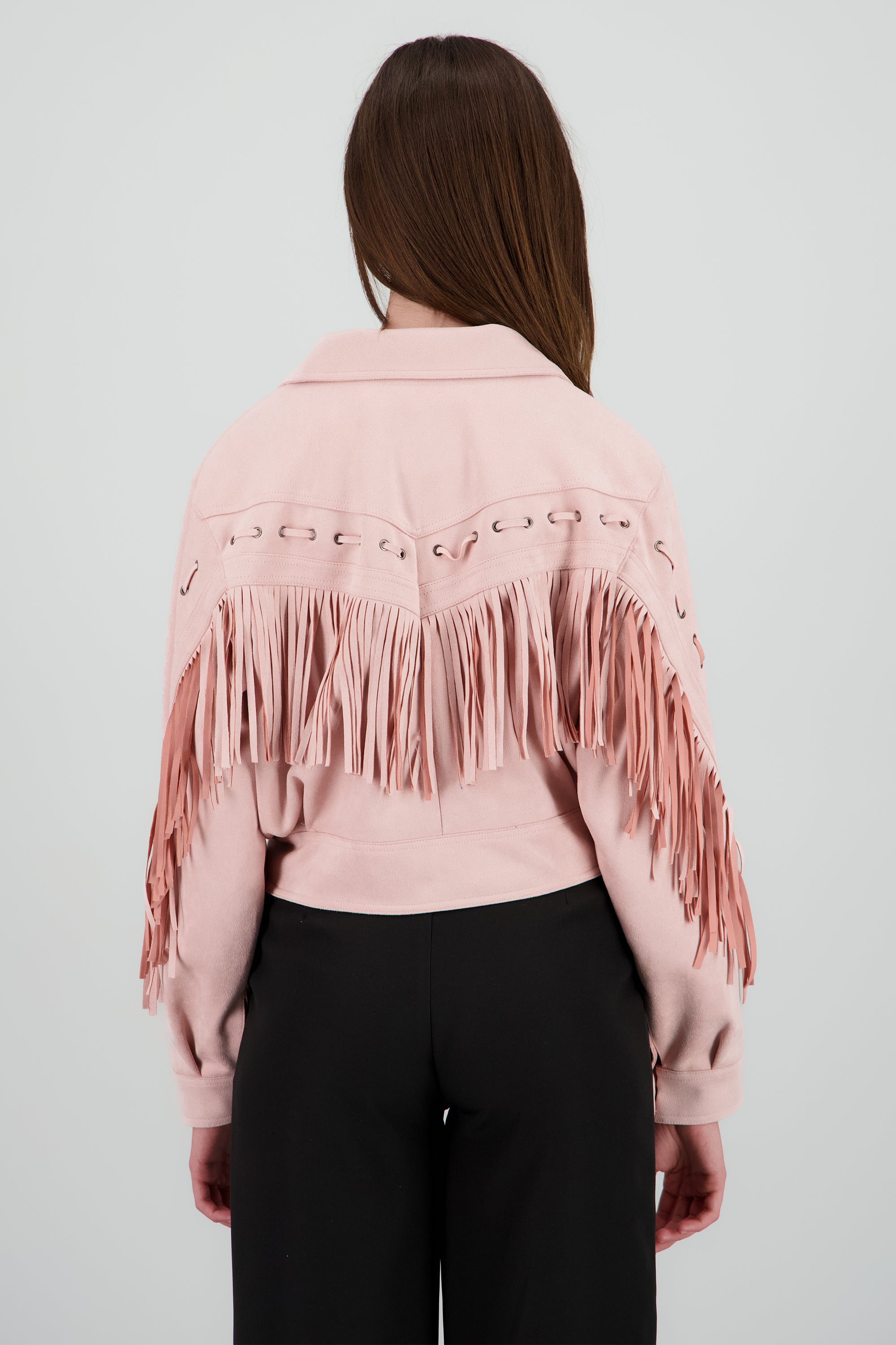 Chamarra suede detalle flecos ROSA PASTEL