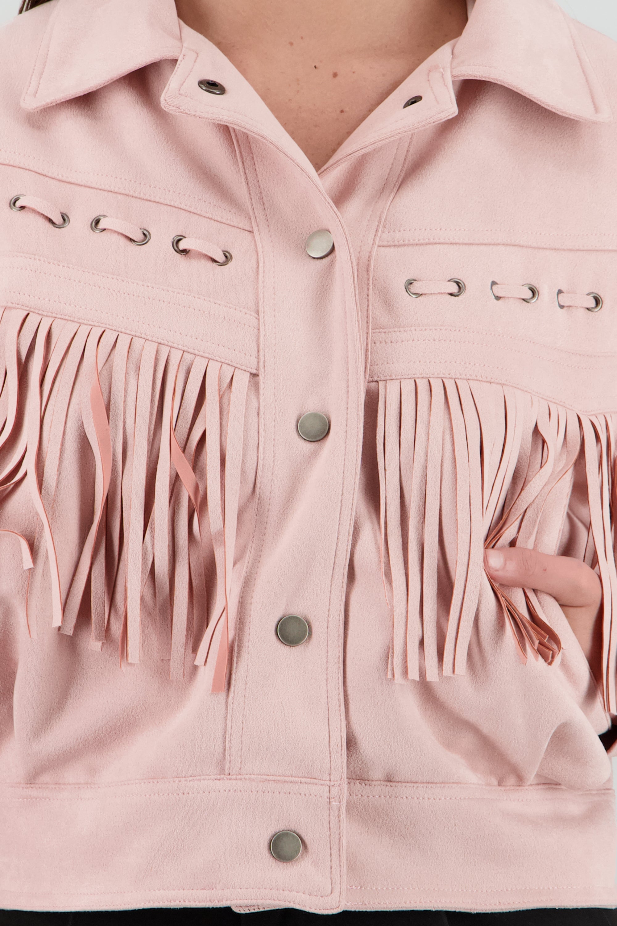 Chamarra suede detalle flecos ROSA PASTEL