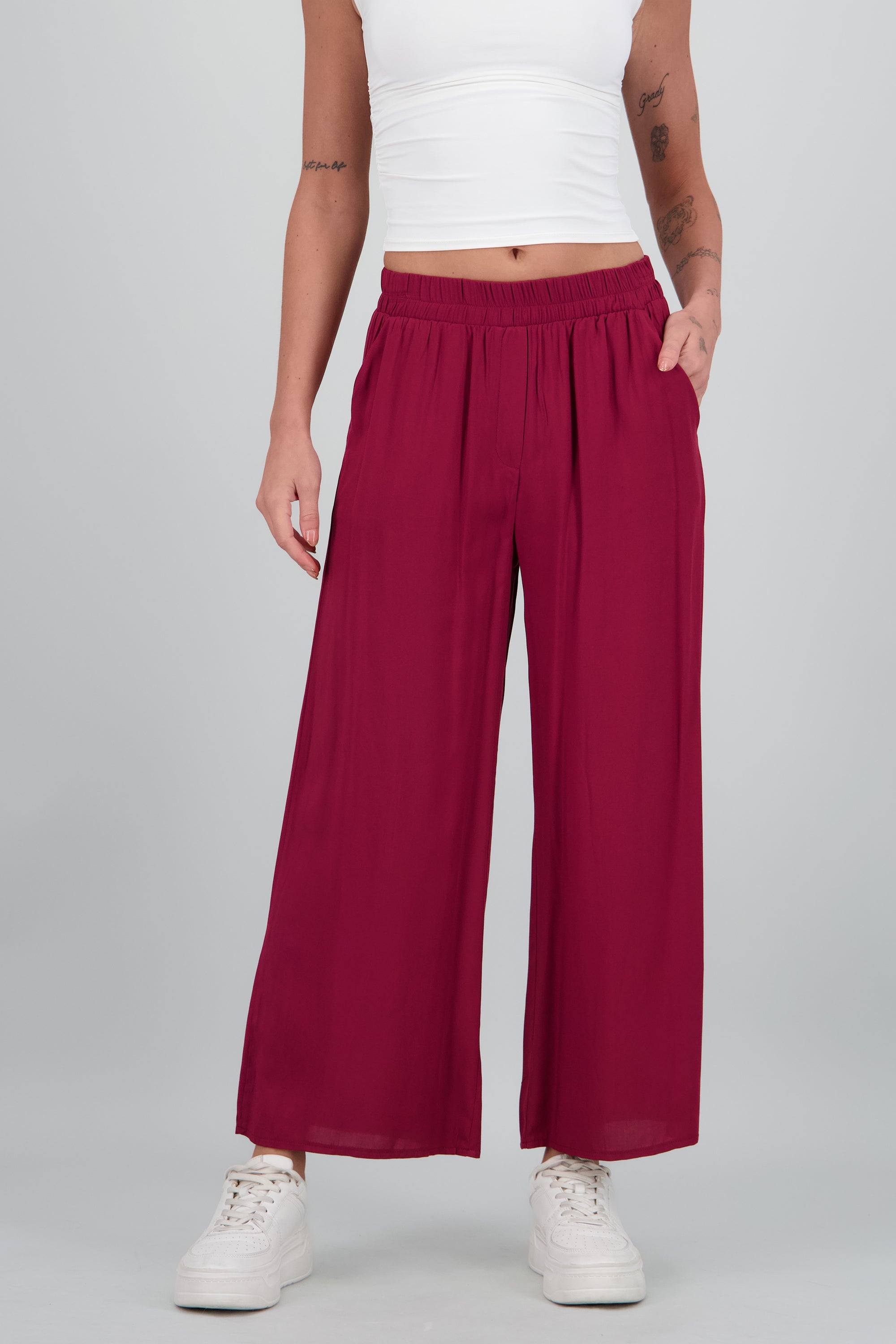 Pantalón Wide Leg Cintura Alta Fruncida VINO