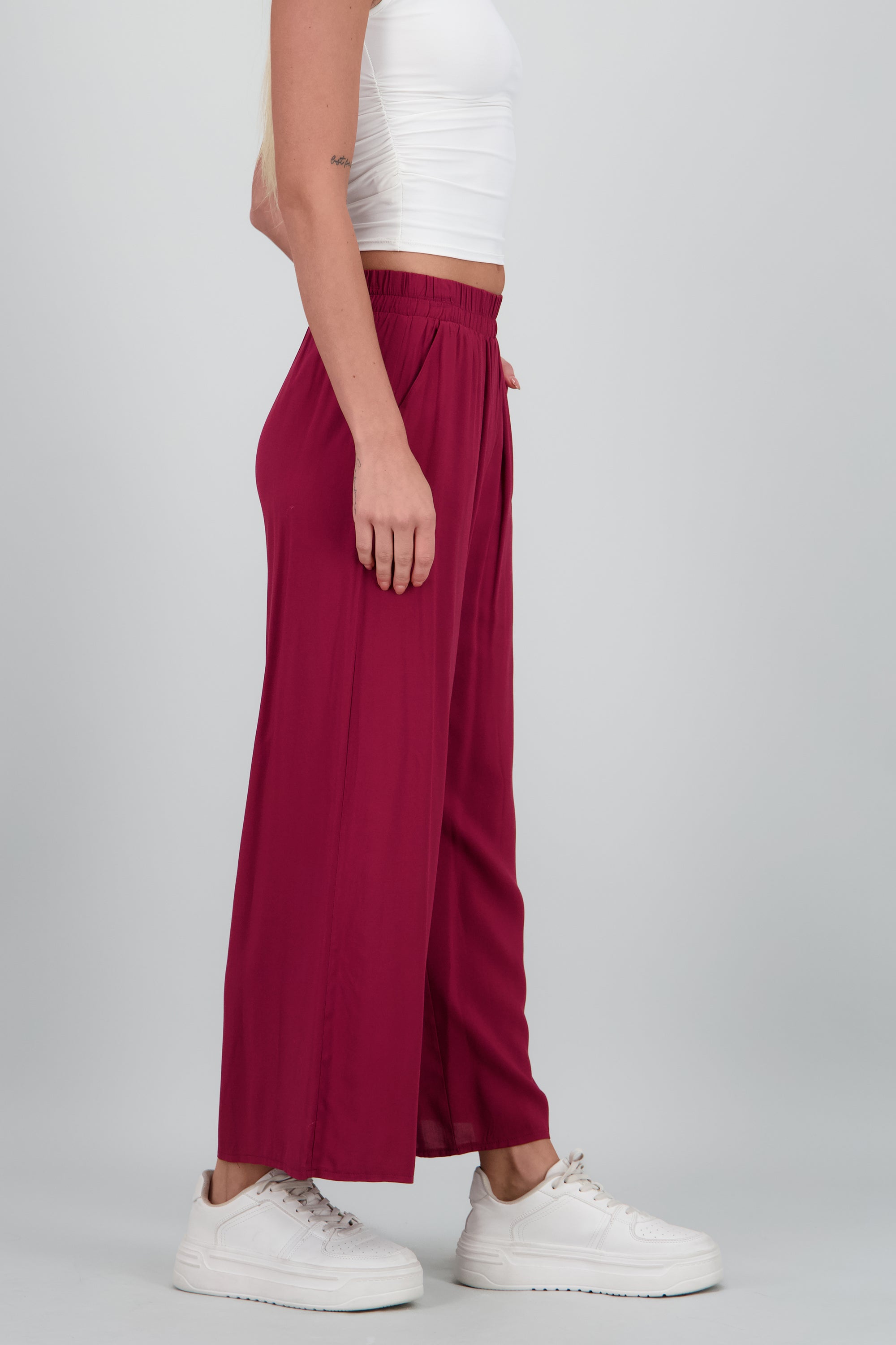 Pantalón Wide Leg Cintura Alta Fruncida VINO