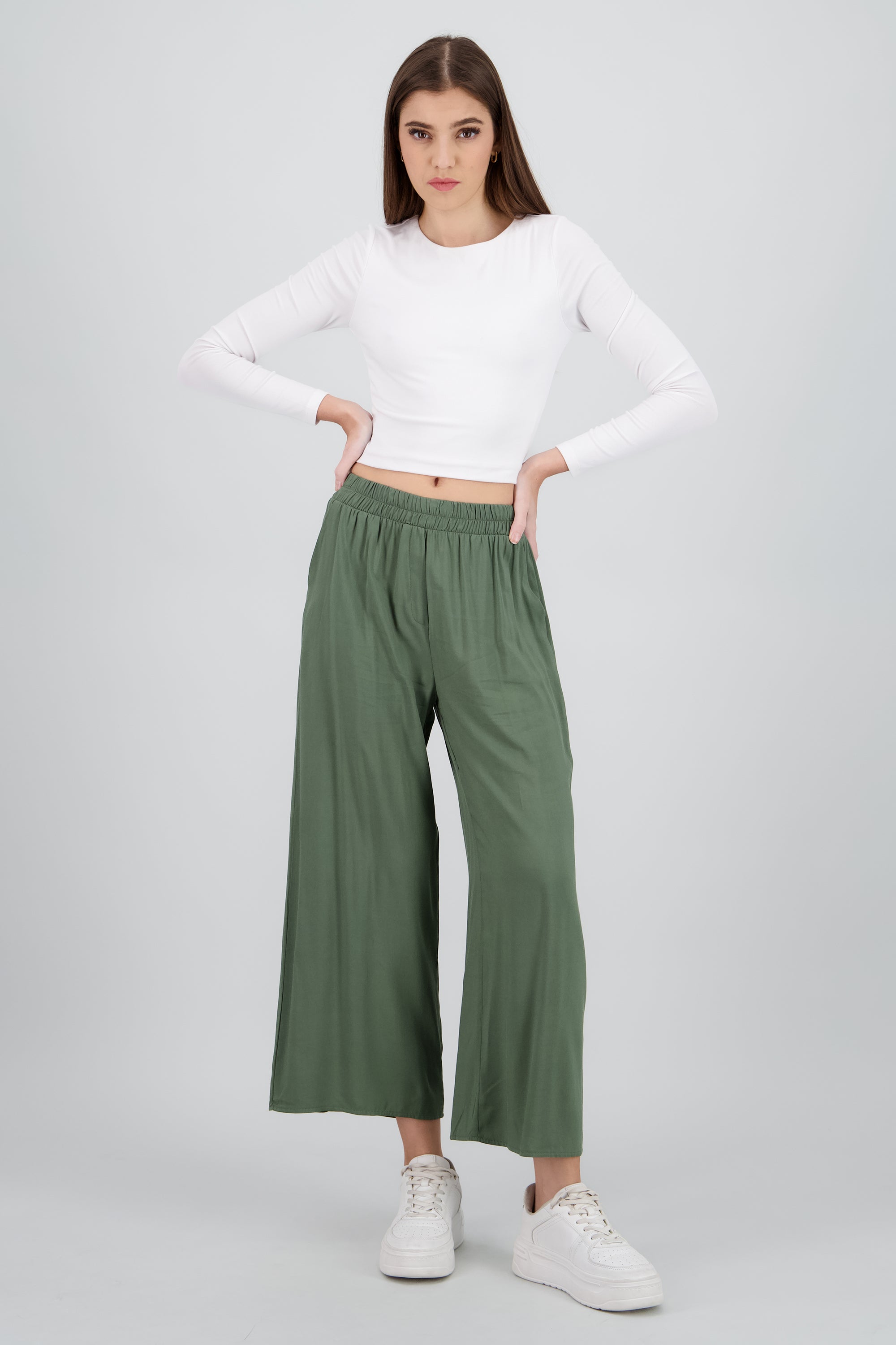 Pantalón Wide Leg Cintura Alta Fruncida OLIVO