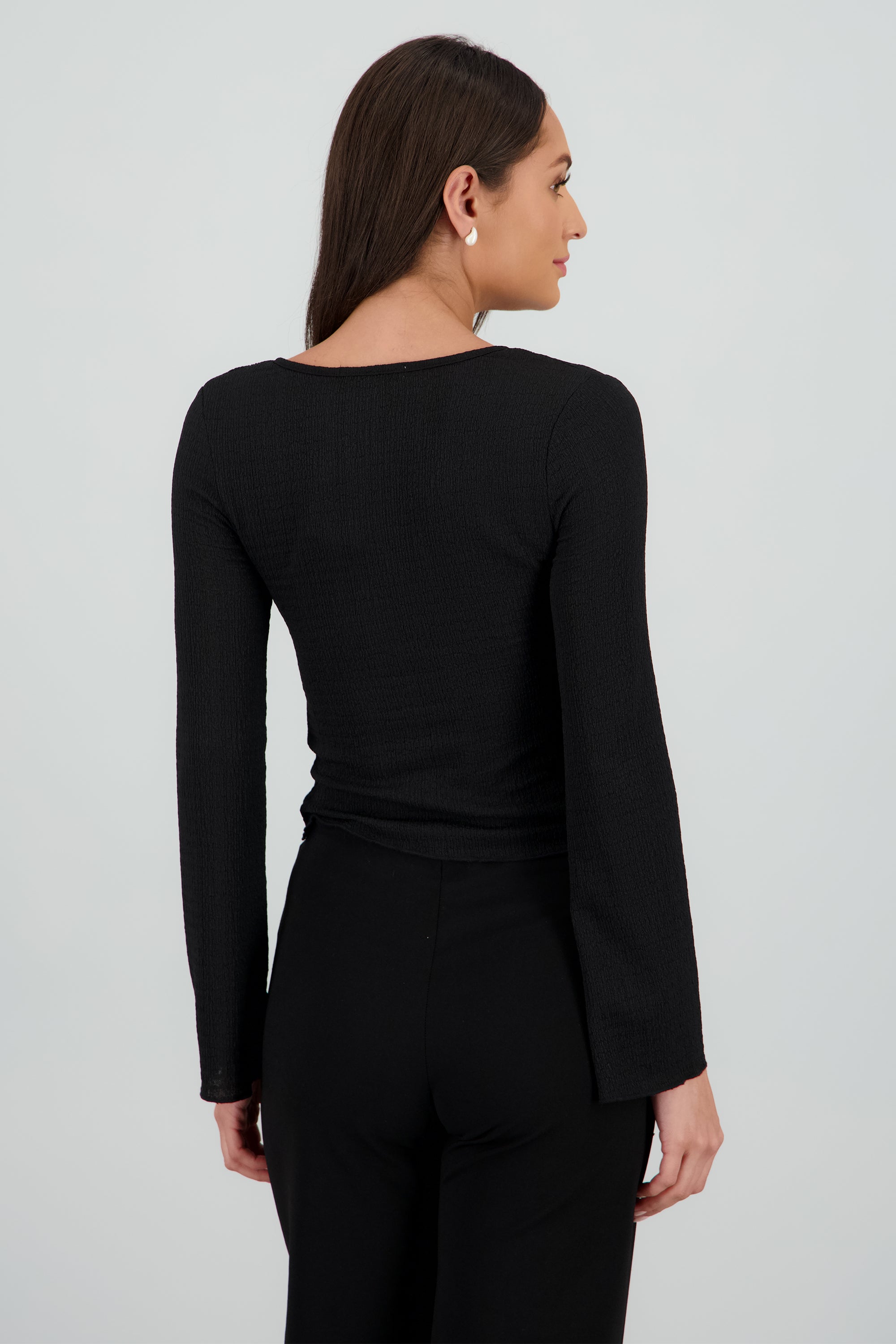 Top manga larga tela con textura NEGRO