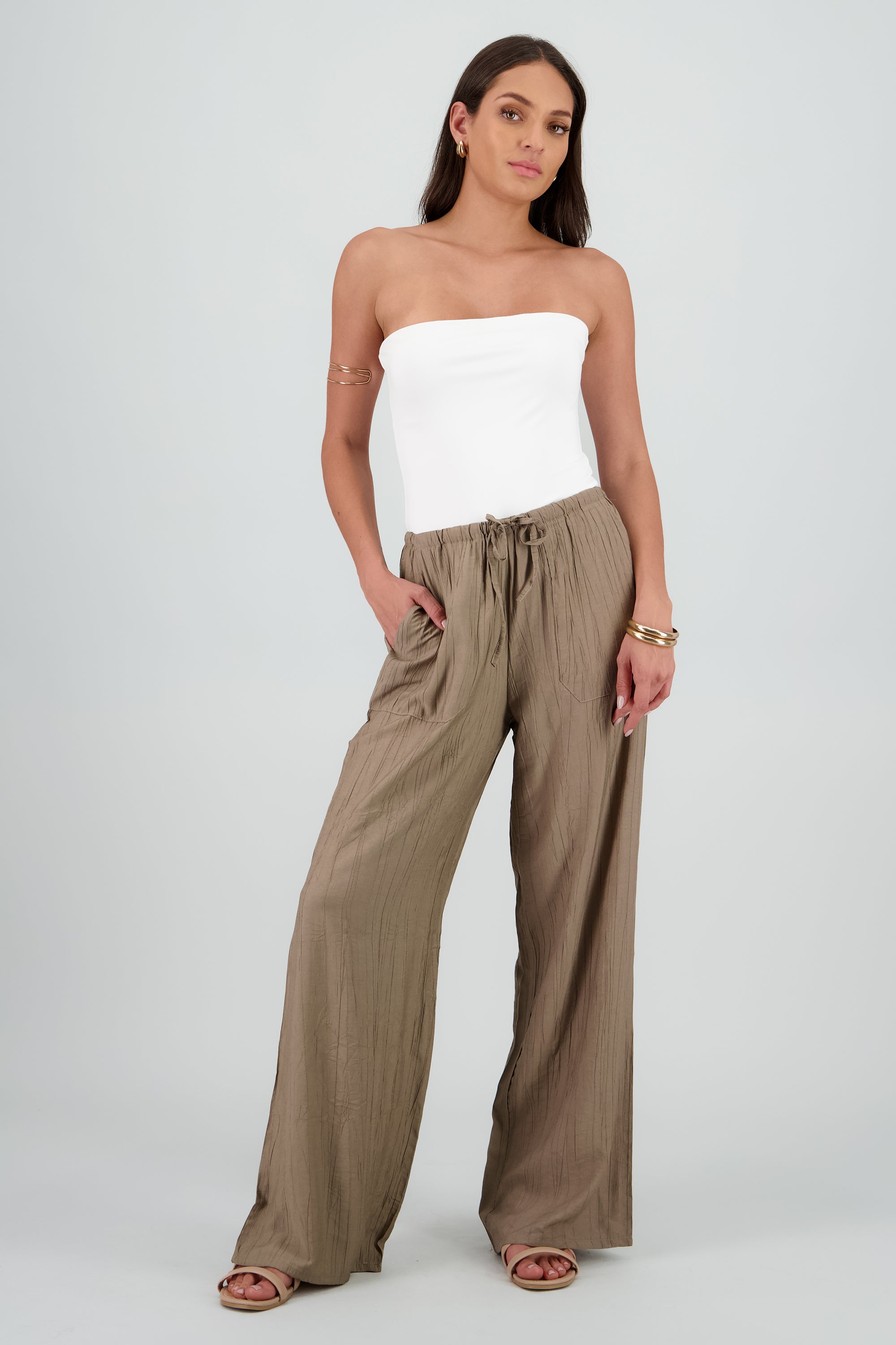 Pantalón fluido detalle jareta funcional GREIGE