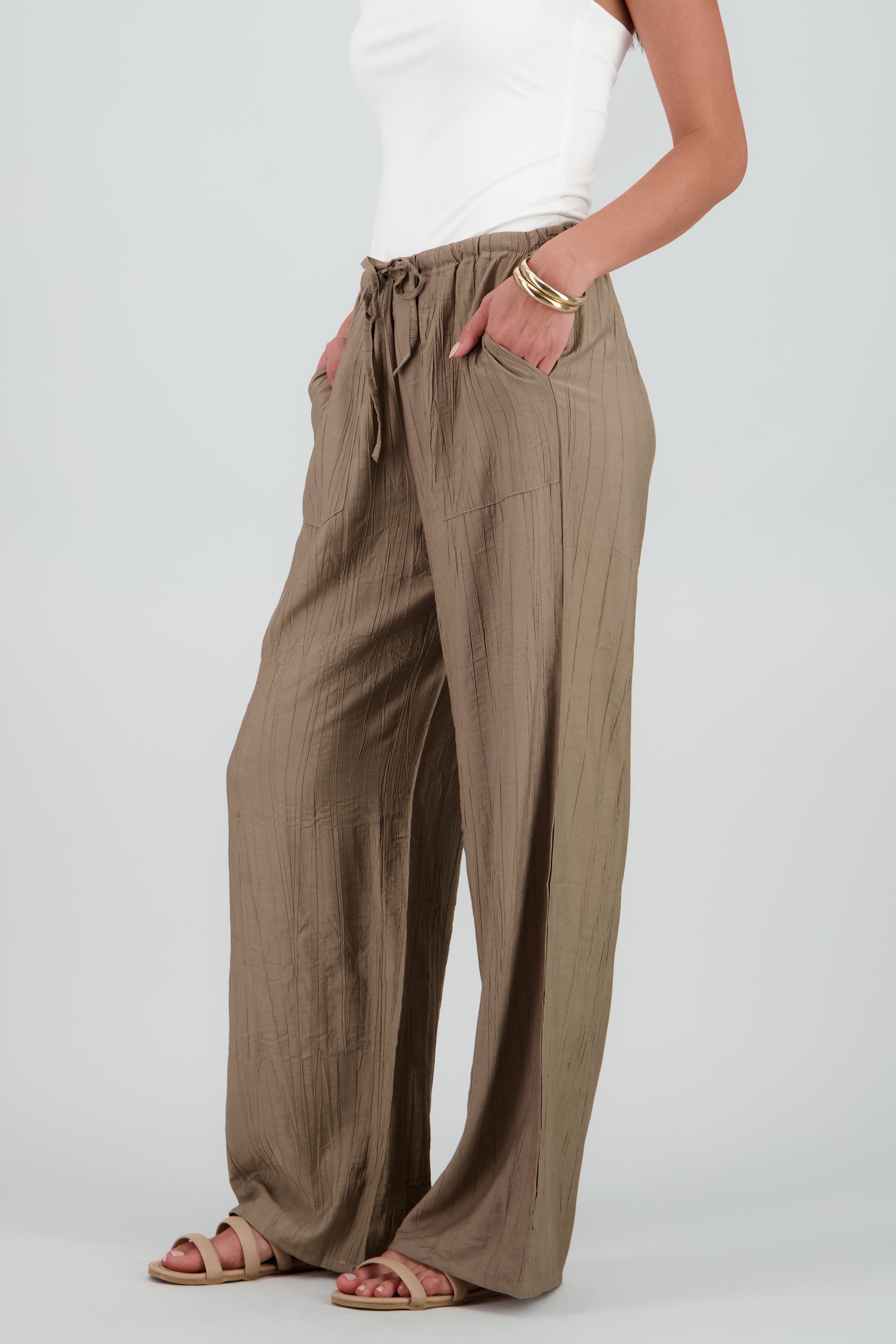 Pantalón fluido detalle jareta funcional GREIGE