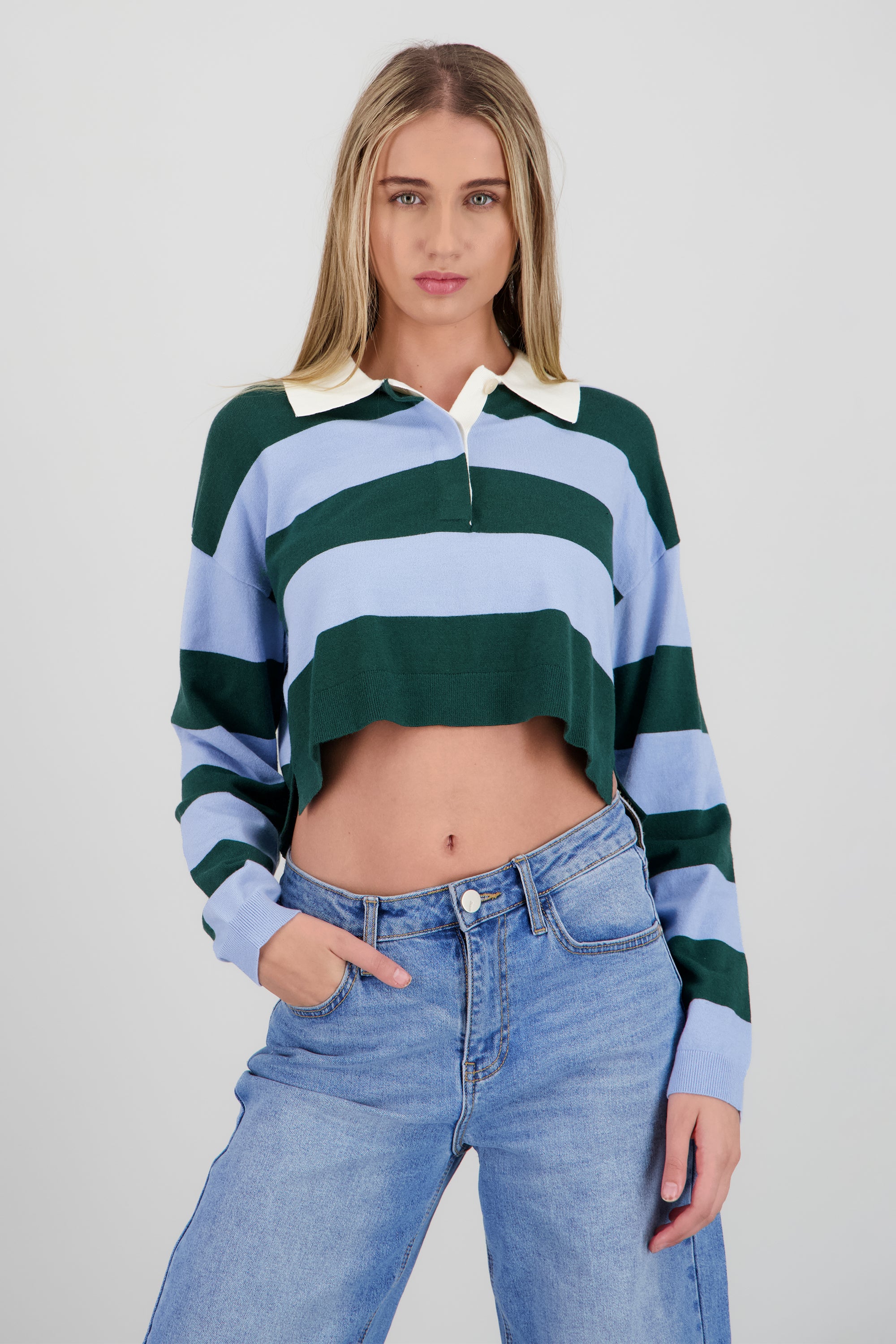 Top tejido de cuello polo con rayas AZUL COMBO